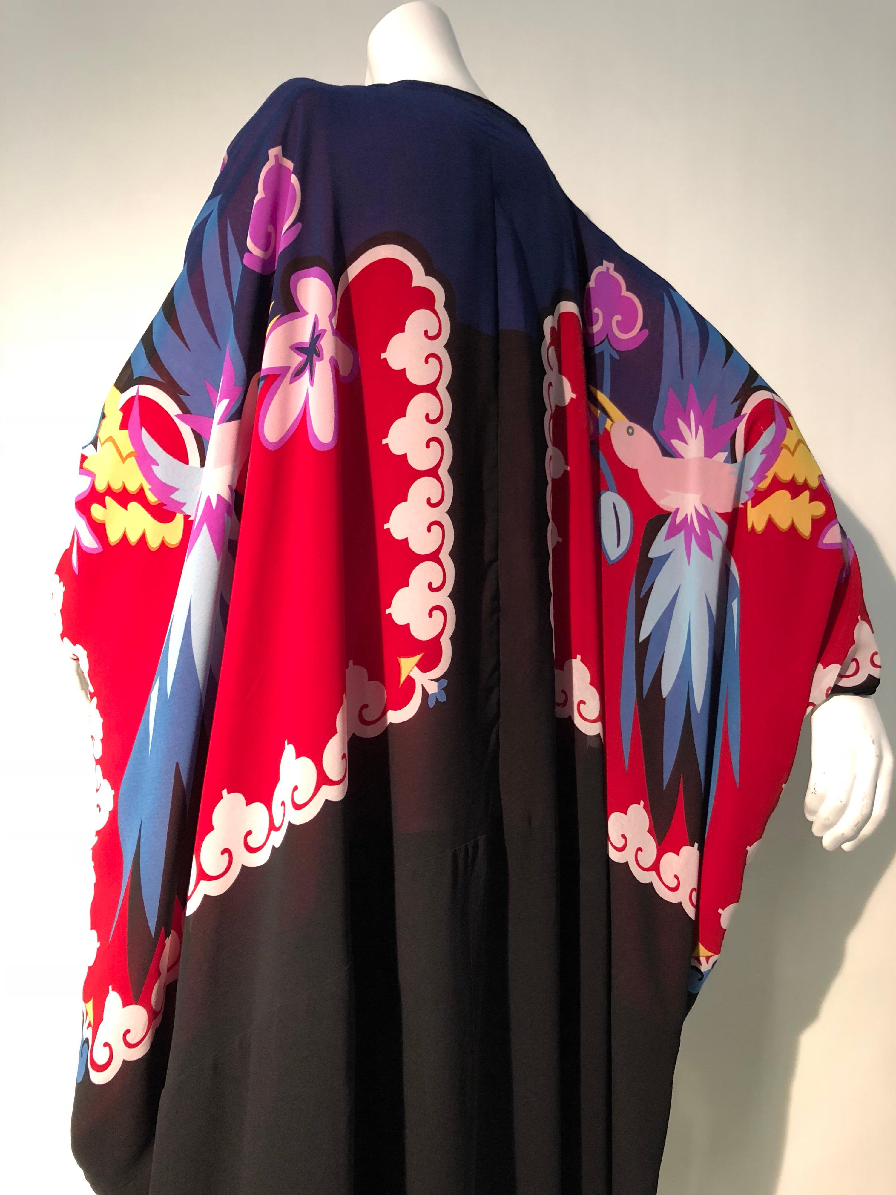 1980s Michaele Vollbracht Cocoon Kimono Rayon Crepe W/ Hand Painted Deco Birds 5