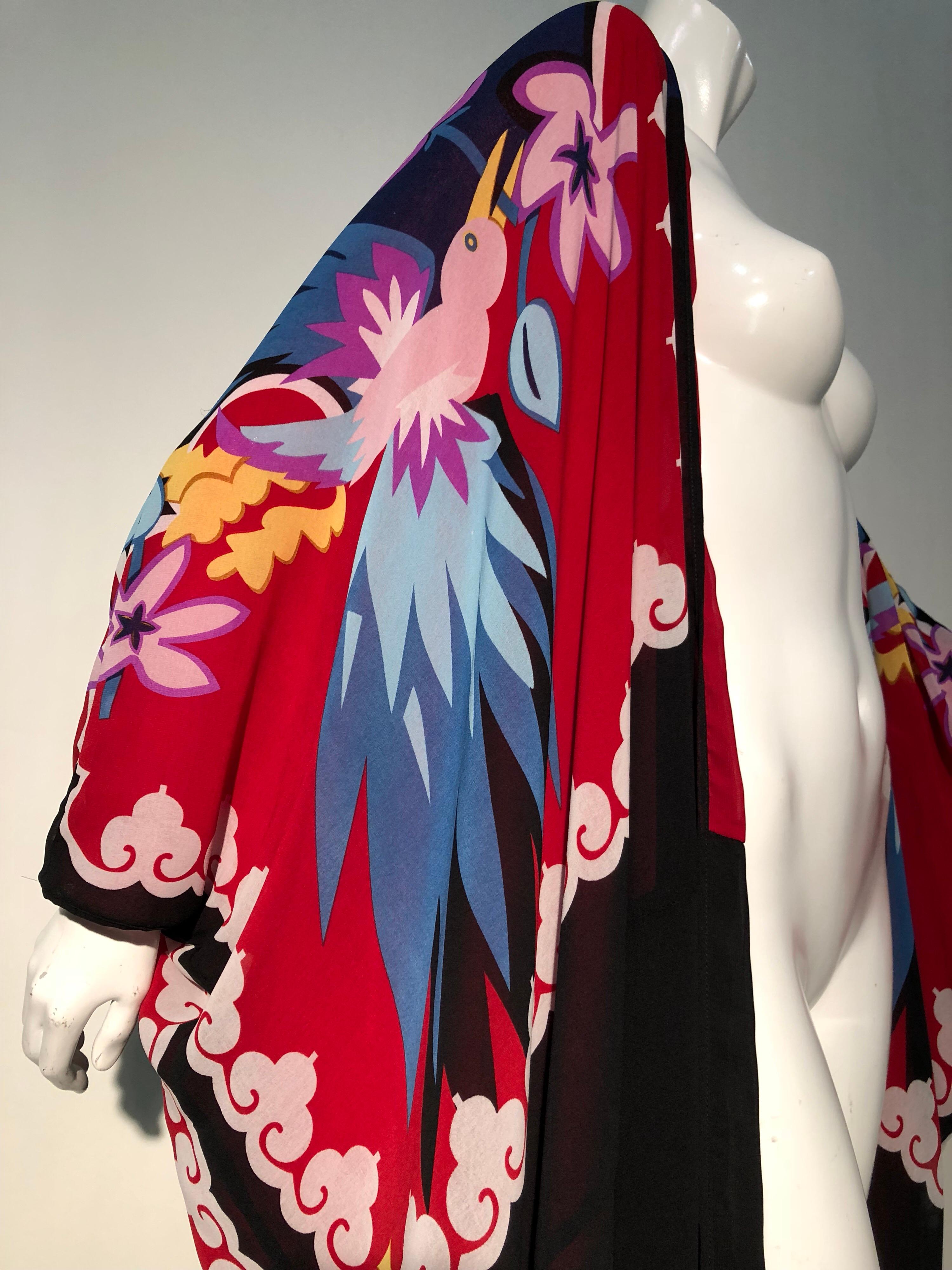 Women's or Men's 1980s Michaele Vollbracht Cocoon Kimono Rayon Crepe W/ Hand Painted Deco Birds