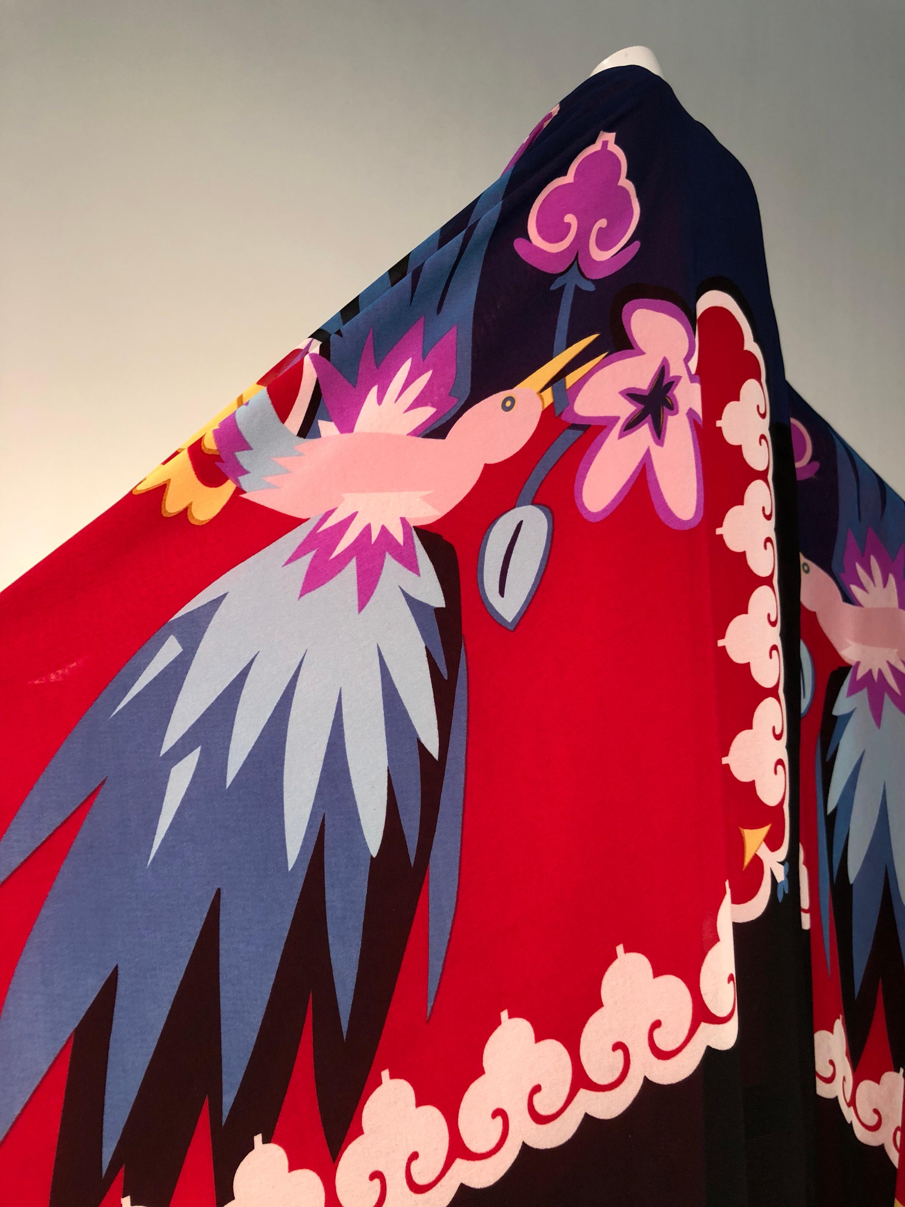 1980s Michaele Vollbracht Cocoon Kimono Rayon Crepe W/ Hand Painted Deco Birds 4