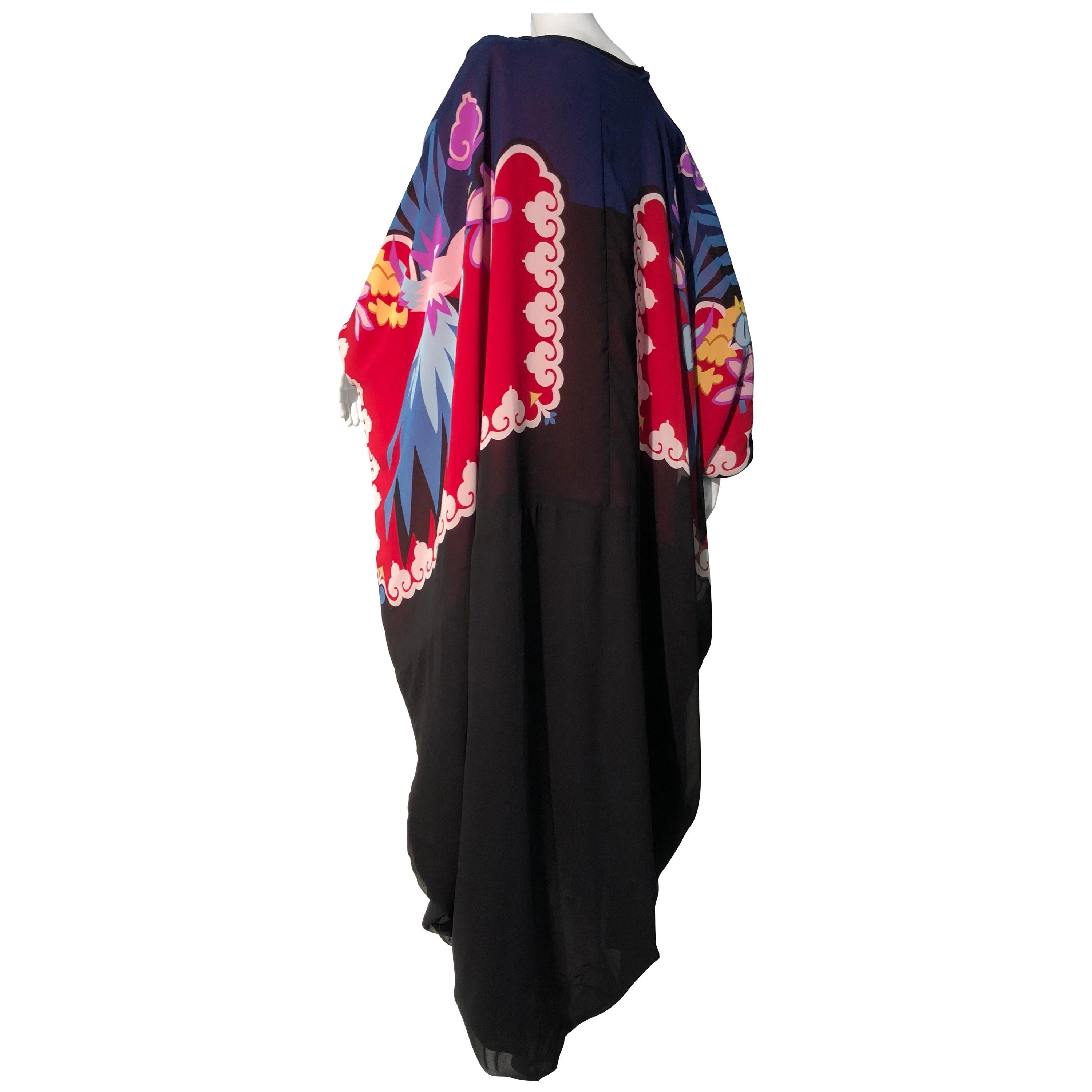 1980s Michaele Vollbracht Cocoon Kimono Rayon Crepe W/ Hand Painted Deco Birds