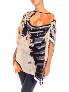 1980S MICHAELE VOLLBRACHT Peach & Blue Silk Japanese Hokusai Wave Print Blouse