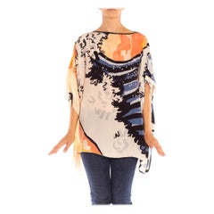 1980S MICHAELE VOLLBRACHT Peach & Blue Silk Japanese Hokusai Wave Print Blouse
