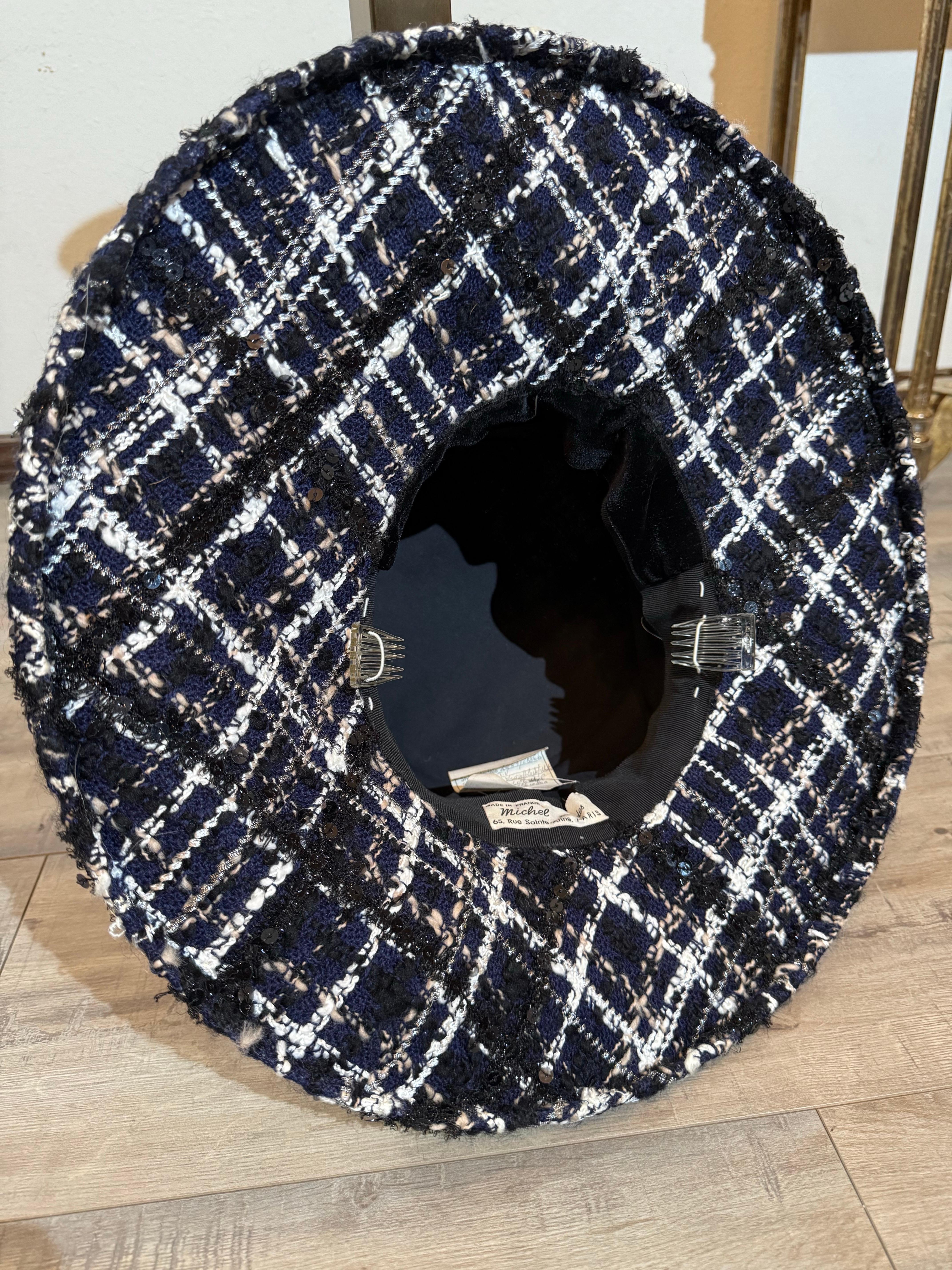 1980s Michel Modes Navy White & Black Chanel Tweed Boater-Style Hat w Camellia For Sale 9