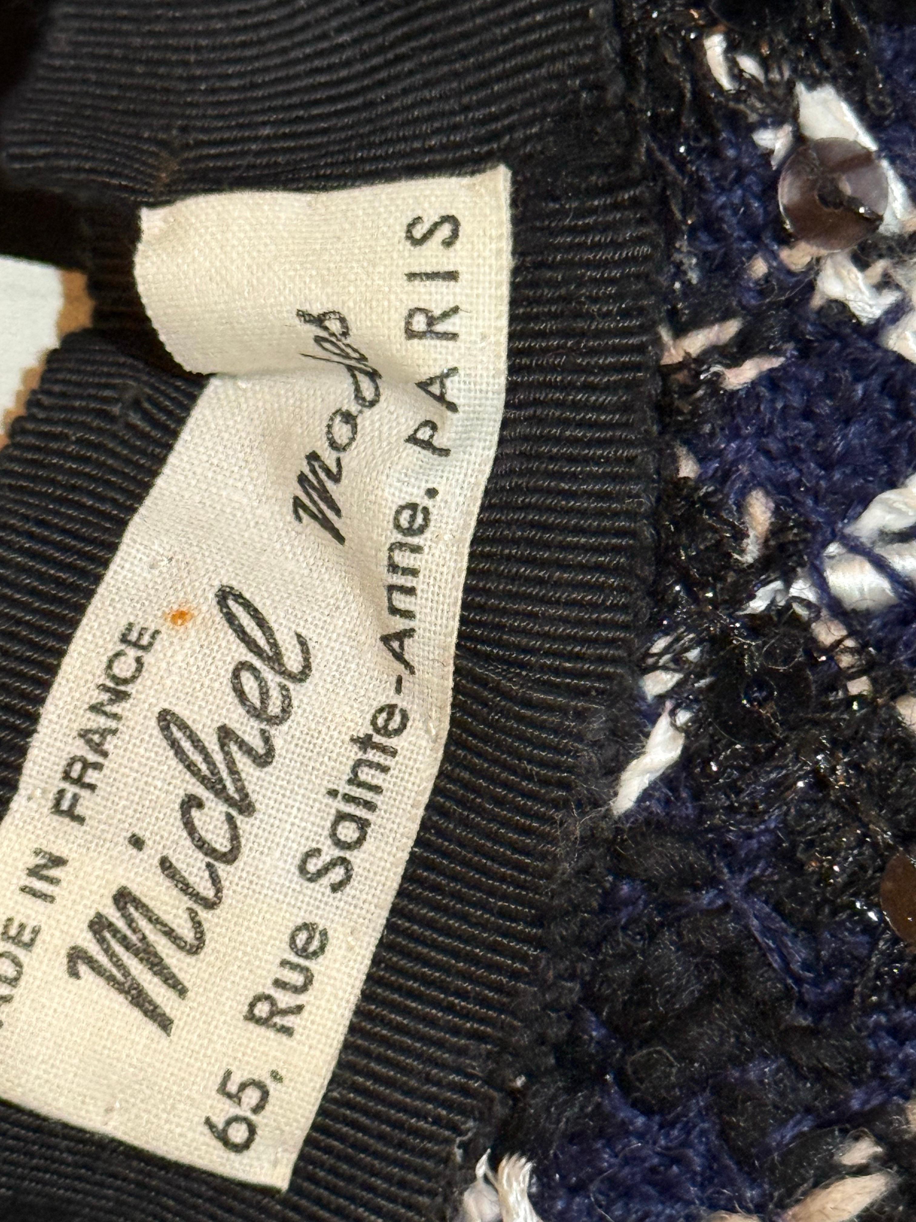 1980s Michel Modes Navy White & Black Chanel Tweed Boater-Style Hat w Camellia For Sale 11