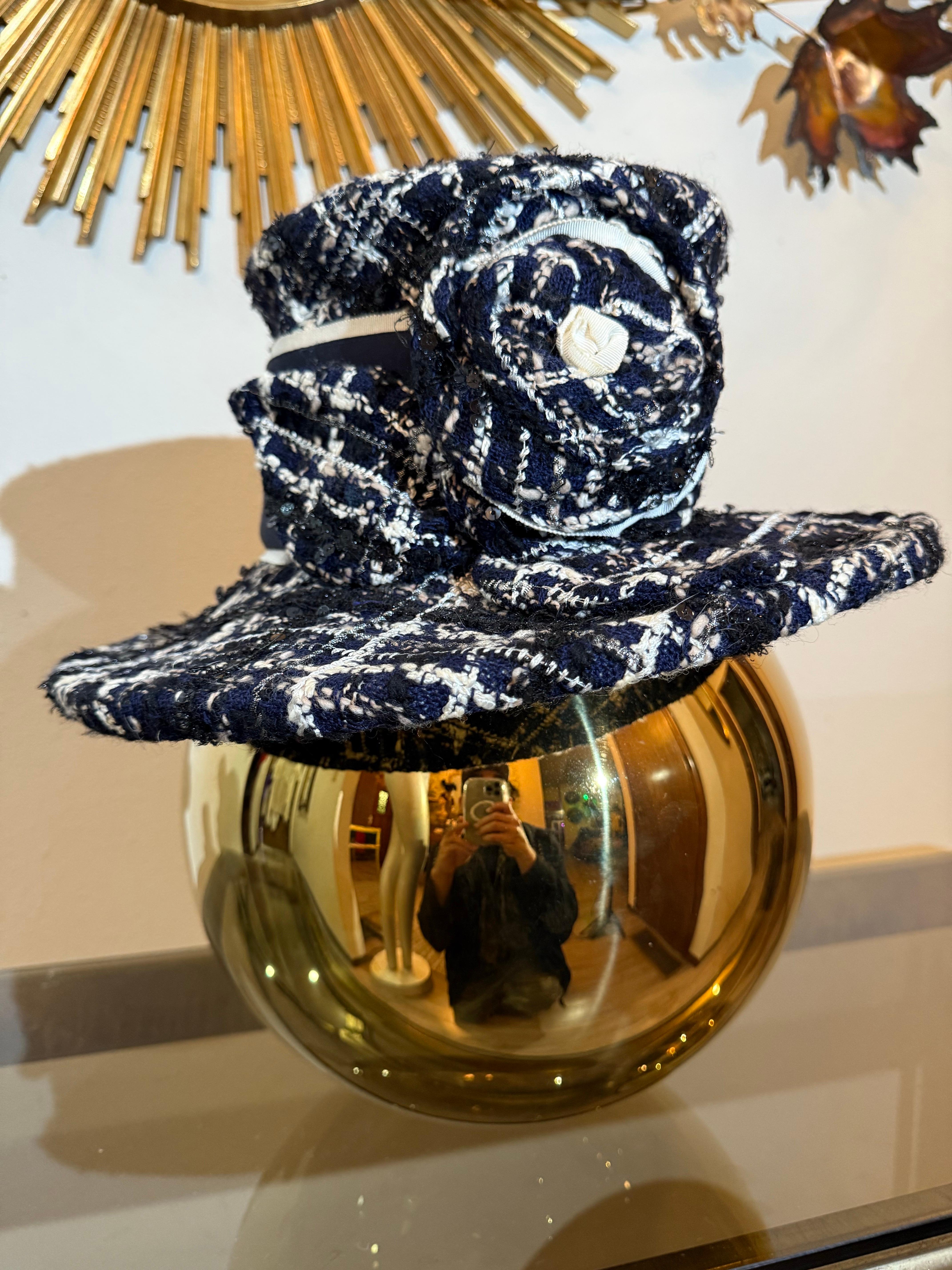 1980s Michel Modes Navy White & Black Chanel Tweed Boater-Style Hat w Camelia:  This vintage authentic Chanel tweed had comes from the original Maison Michel label, Michel Modes.  A 15