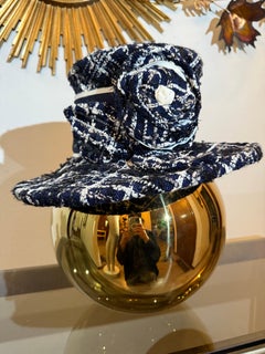 1980s Michel Modes Navy White & Black Chanel Tweed Boater-Style Hat w Camellia