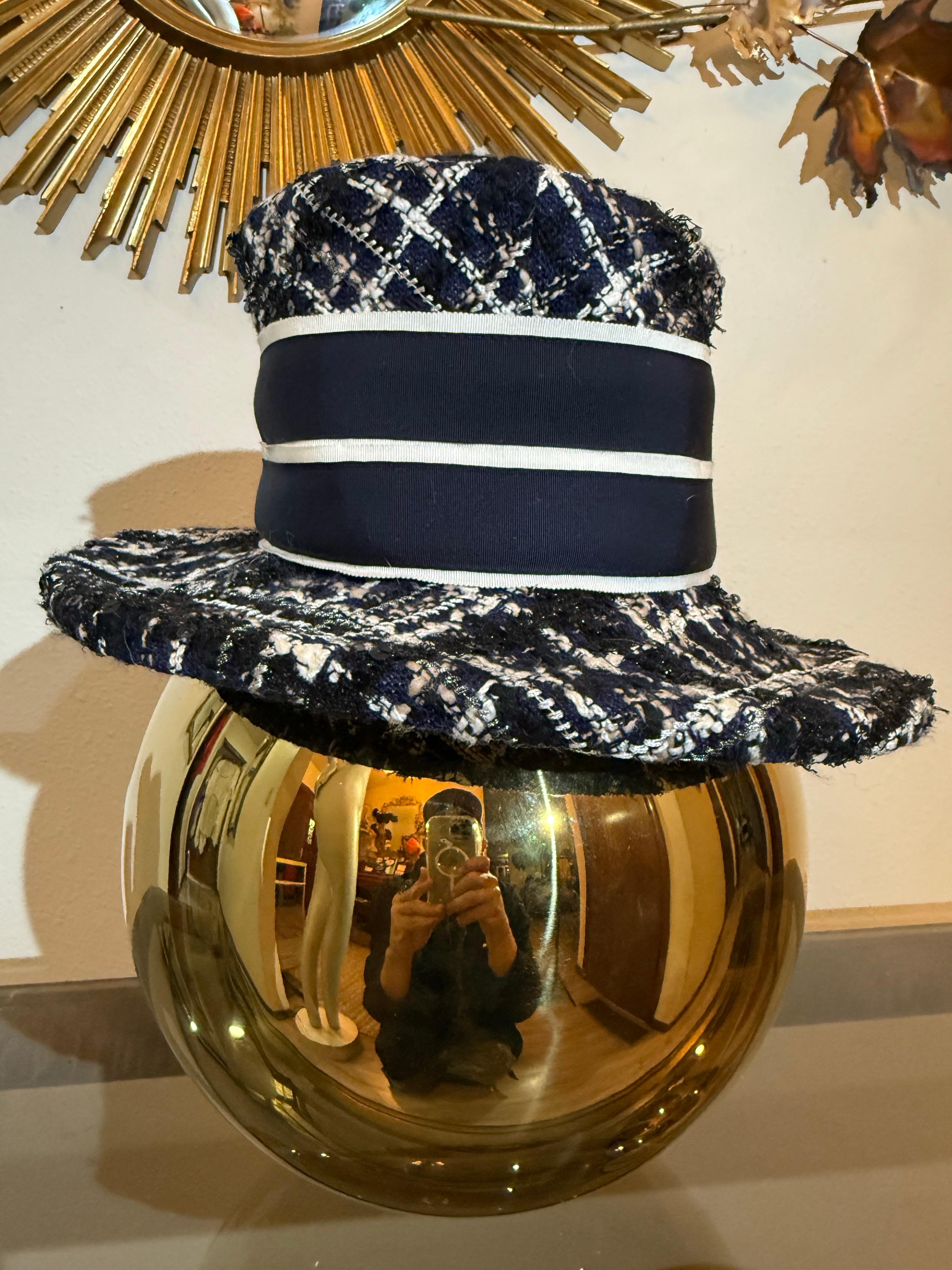 Women's 1980s Michel Modes Navy White & Black Chanel Tweed Boater-Style Hat w Camellia For Sale