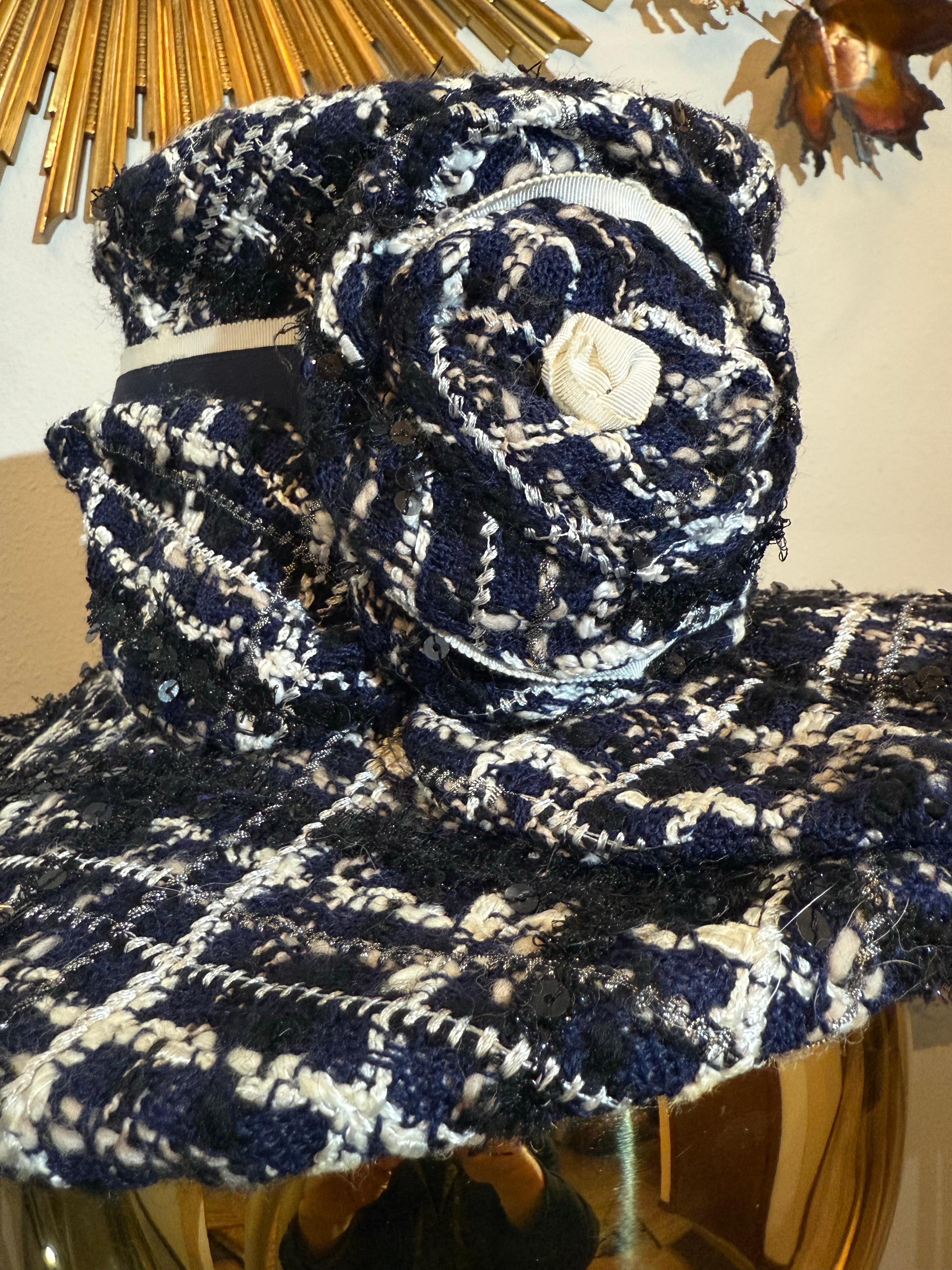 1980s Michel Modes Navy White & Black Chanel Tweed Boater-Style Hat w Camellia For Sale 3
