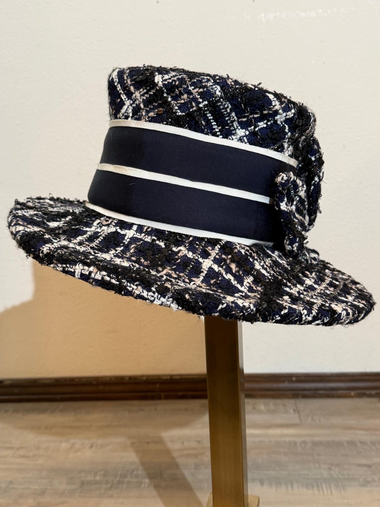 1980s Michel Modes Navy White and Black Chanel Tweed Boater  display picture 3