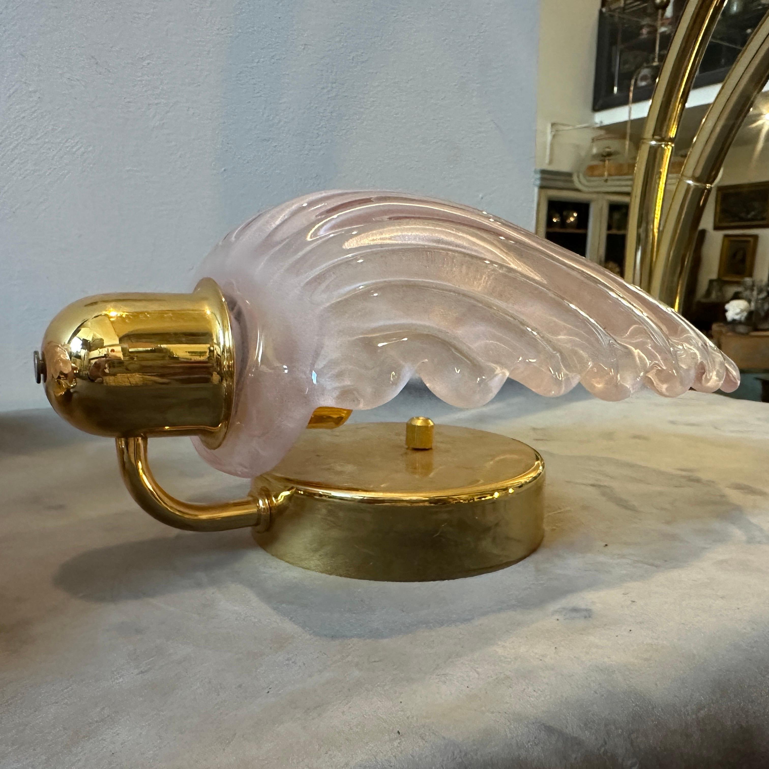1980s Mid-century Modern Brass and Shell Shaped Pink Murano Glass Wall Sconces 5