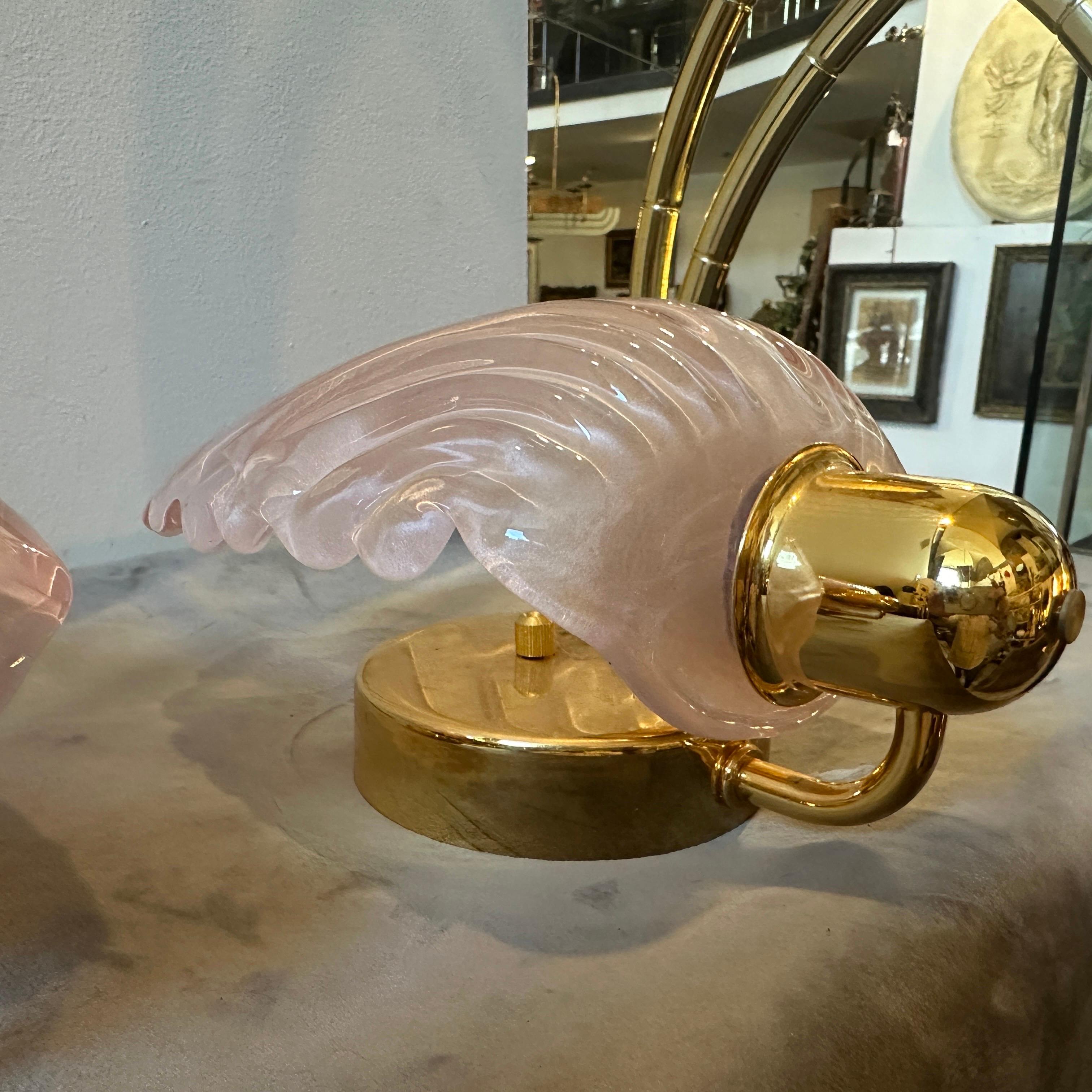 1980s Mid-century Modern Brass and Shell Shaped Pink Murano Glass Wall Sconces 6