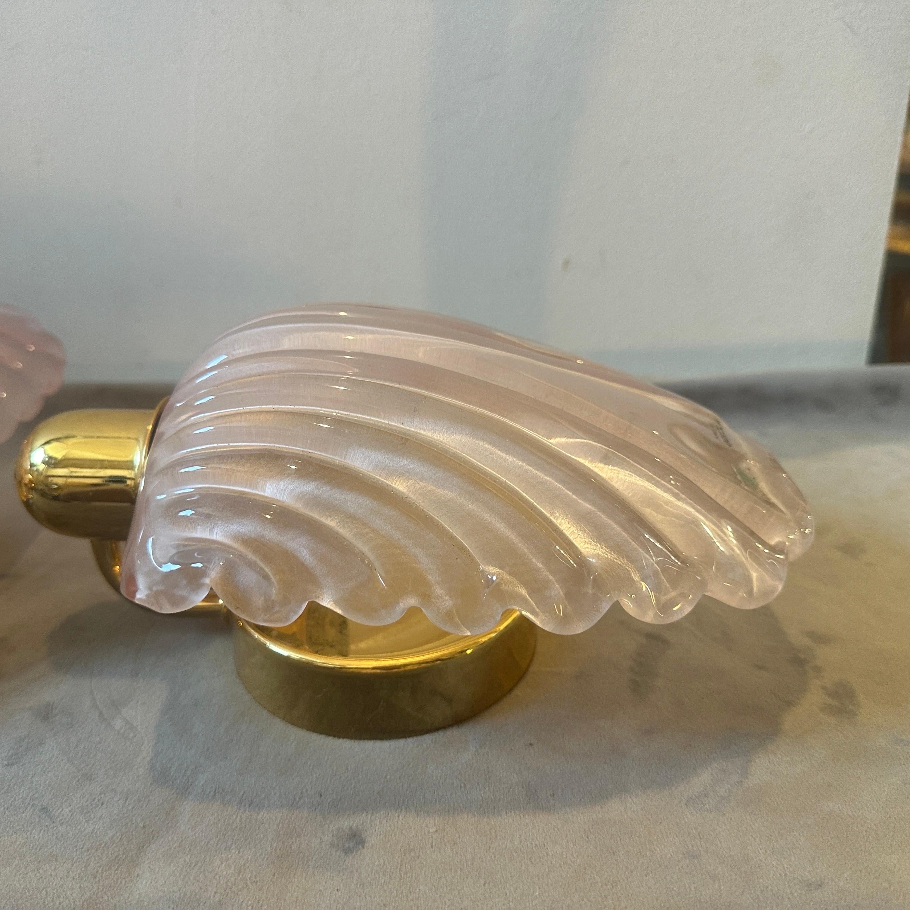 Mid-Century Modern 1980s Mid-century Modern Brass and Shell Shaped Pink Murano Glass Wall Sconces