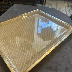 1980s Mid-Century Modern Brass and Wicker Serving Tray by Alerio Cavalli