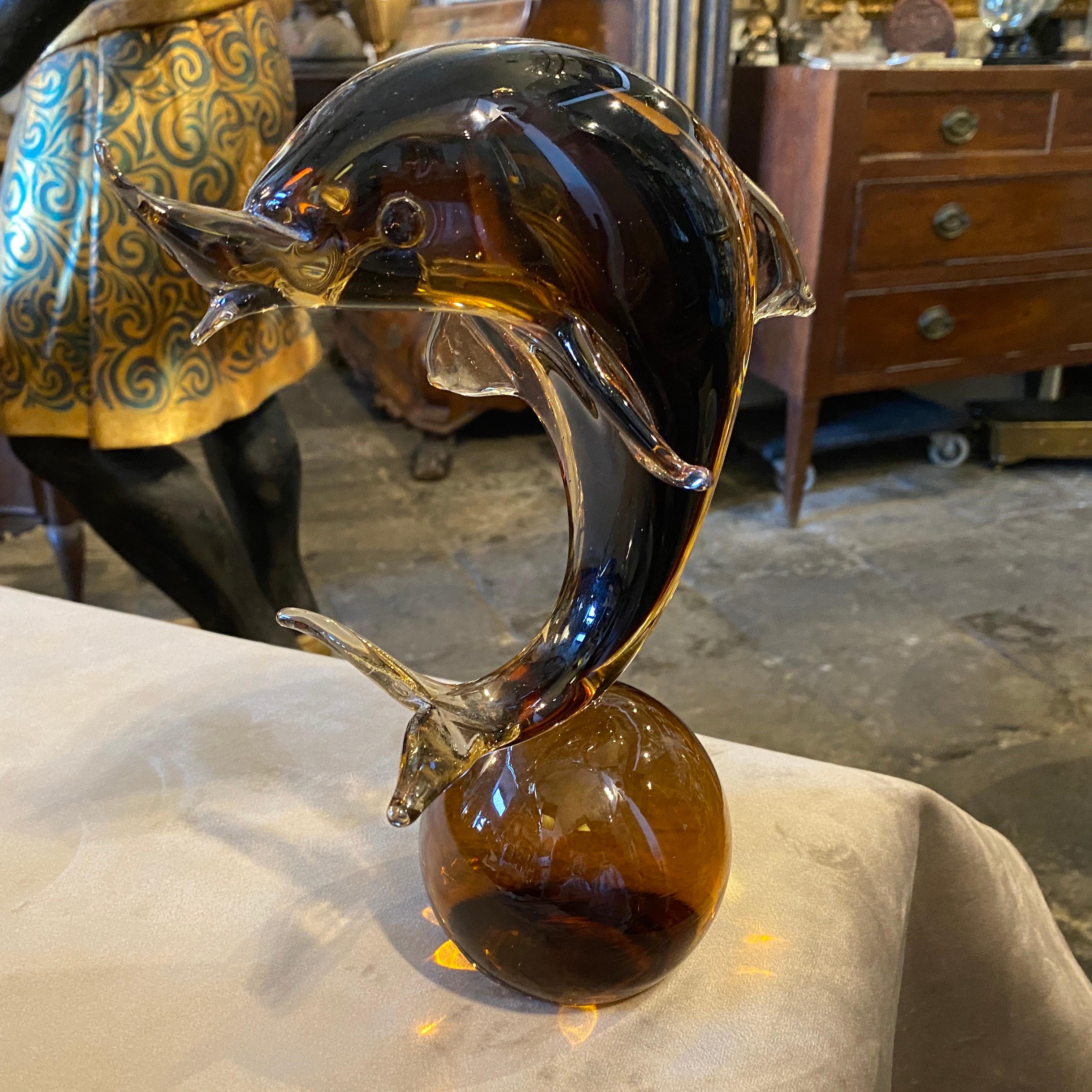 Hand-Crafted 1980s Mid-Century Modern Brown Heavy Murano Glass Sculpture of a Dolphin