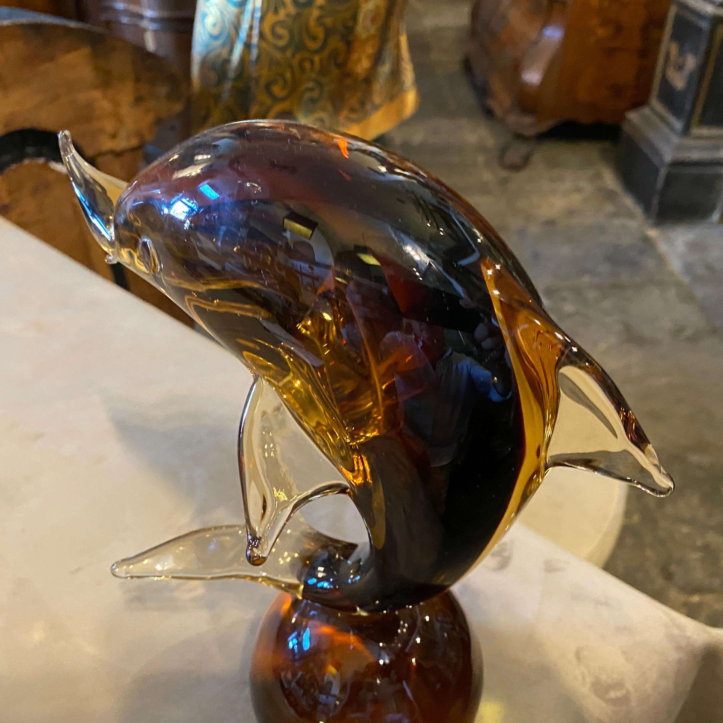 1980s Mid-Century Modern Brown Heavy Murano Glass Sculpture of a Dolphin 1