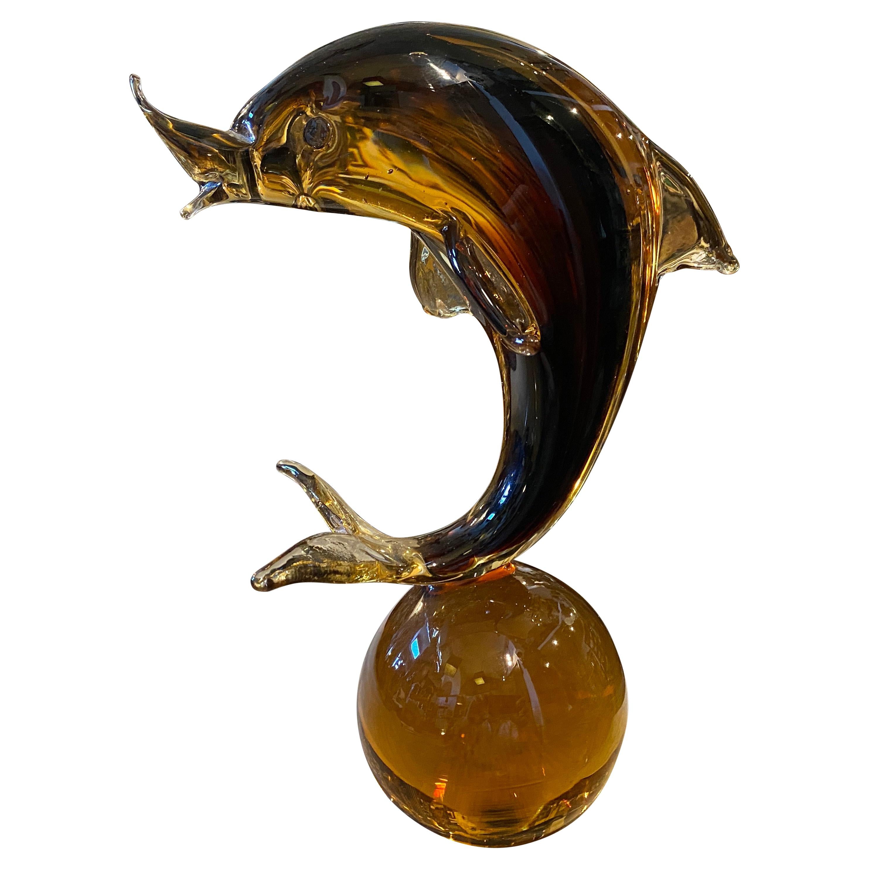 1980s Mid-Century Modern Brown Heavy Murano Glass Sculpture of a Dolphin