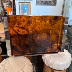 1980s Mid-Century Modern Fake Tortoise Lucite and Metal Rectangular Italian Tray