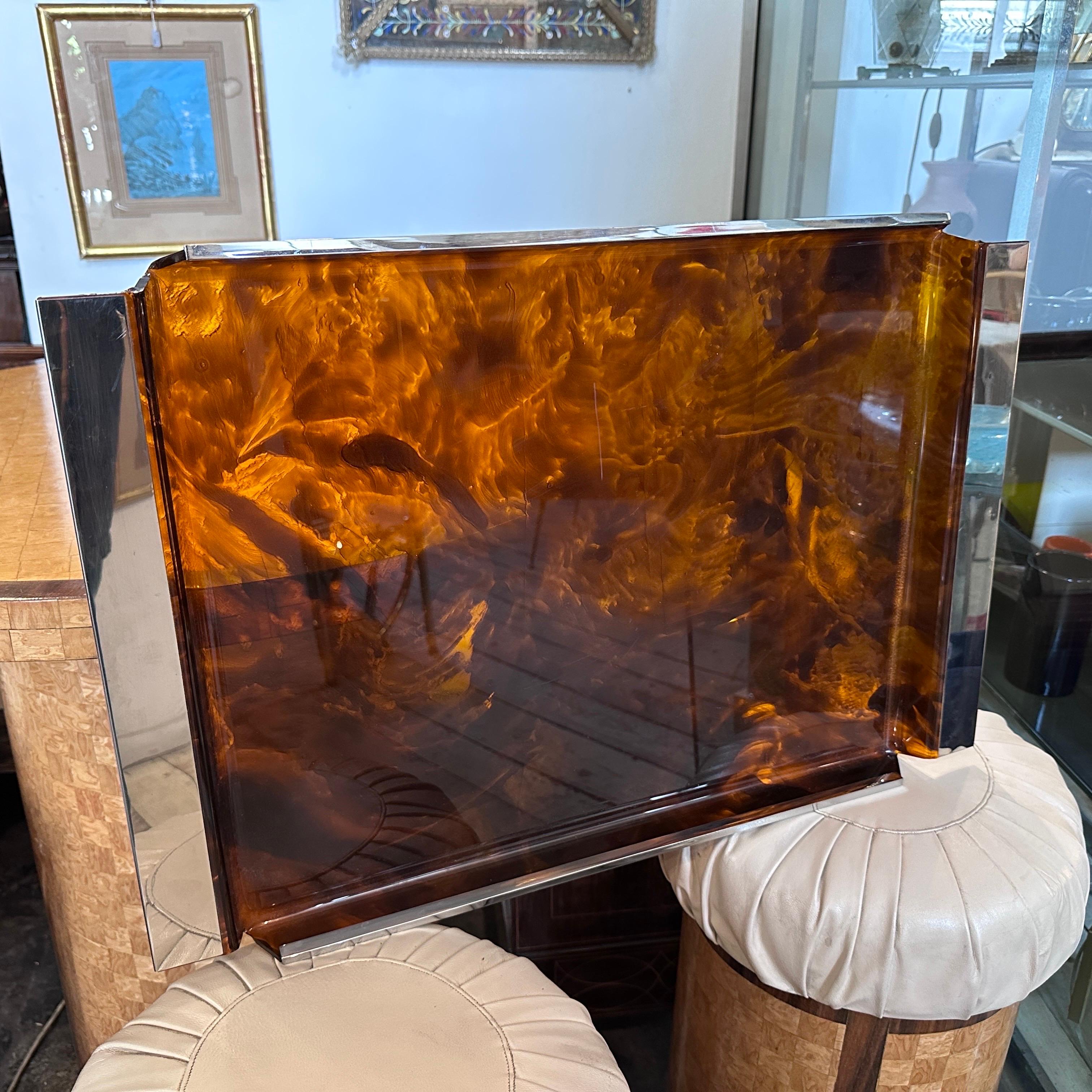1980s Mid-Century Modern Fake Tortoise Lucite and Metal Rectangular Italian Tray In Good Condition In Aci Castello, IT