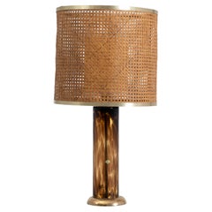 1980s Mid-century Modern Glass Italian Table Lamp with Vienna Straw Lampshade
