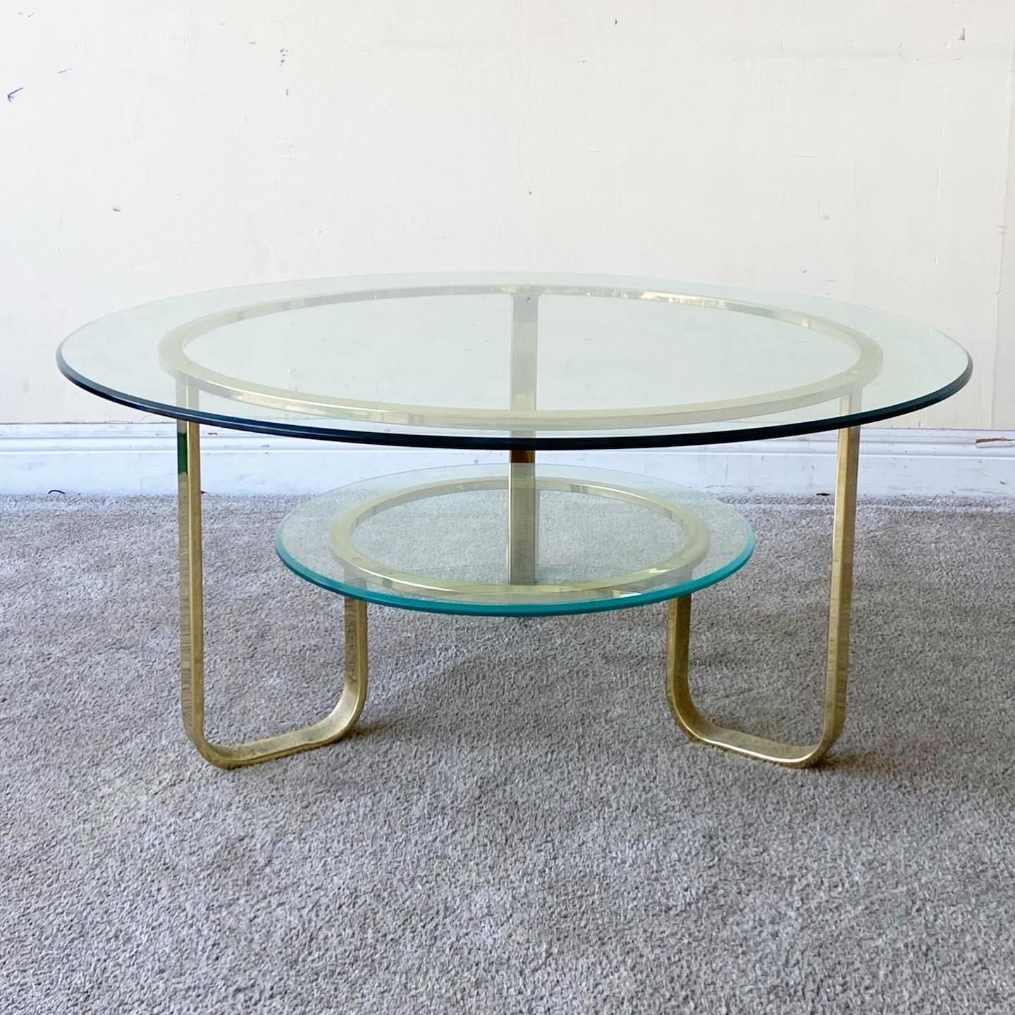 Hollywood Regency 1980s Mid Century Modern Two Tier Gold Glass Top Coffee Table