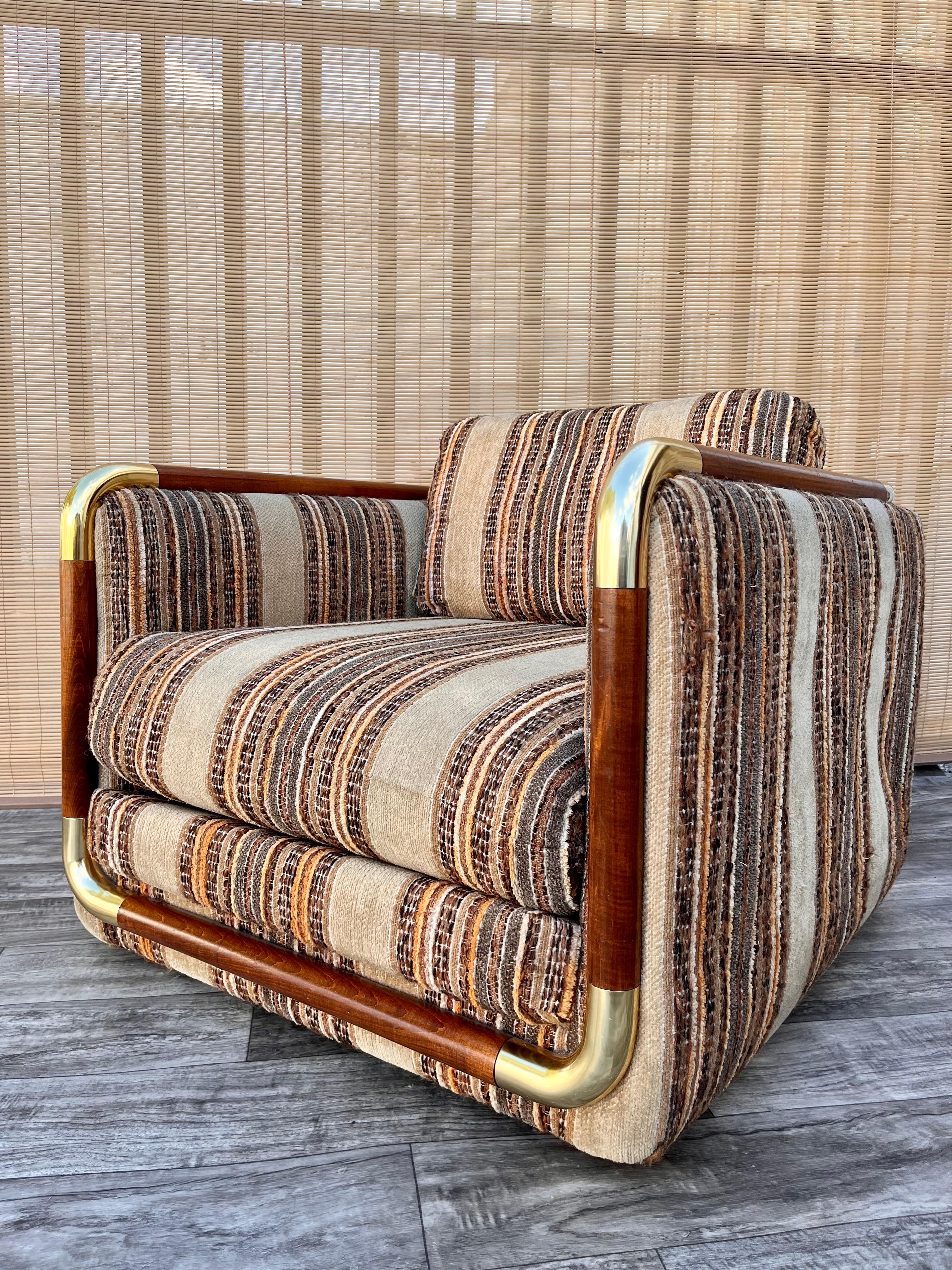 Late 20th Century 1980s Mid Century Modern Upholstered Cube Club Chair by Schweiger Industries.