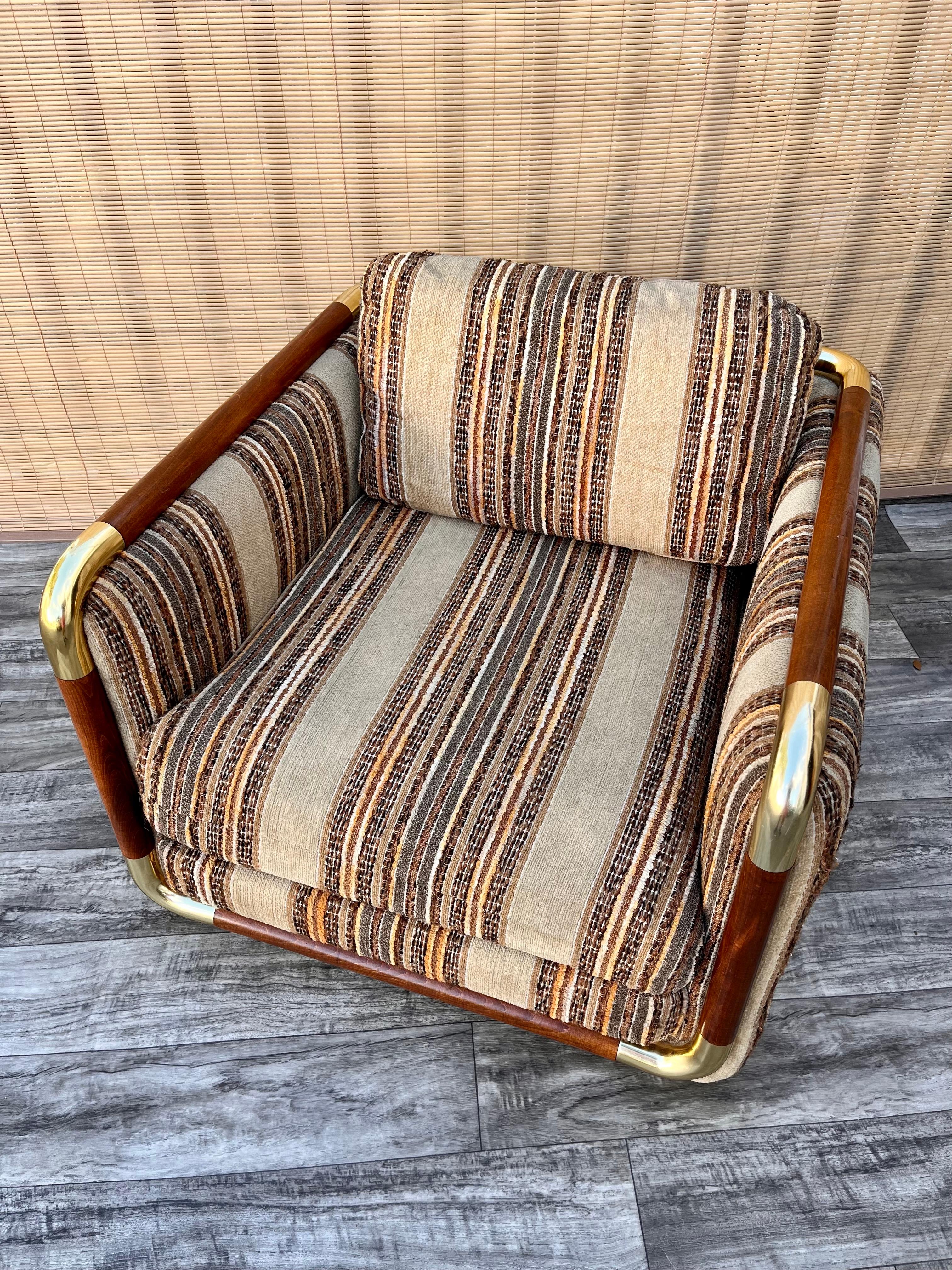 Wood 1980s Mid Century Modern Upholstered Cube Club Chair by Schweiger Industries.