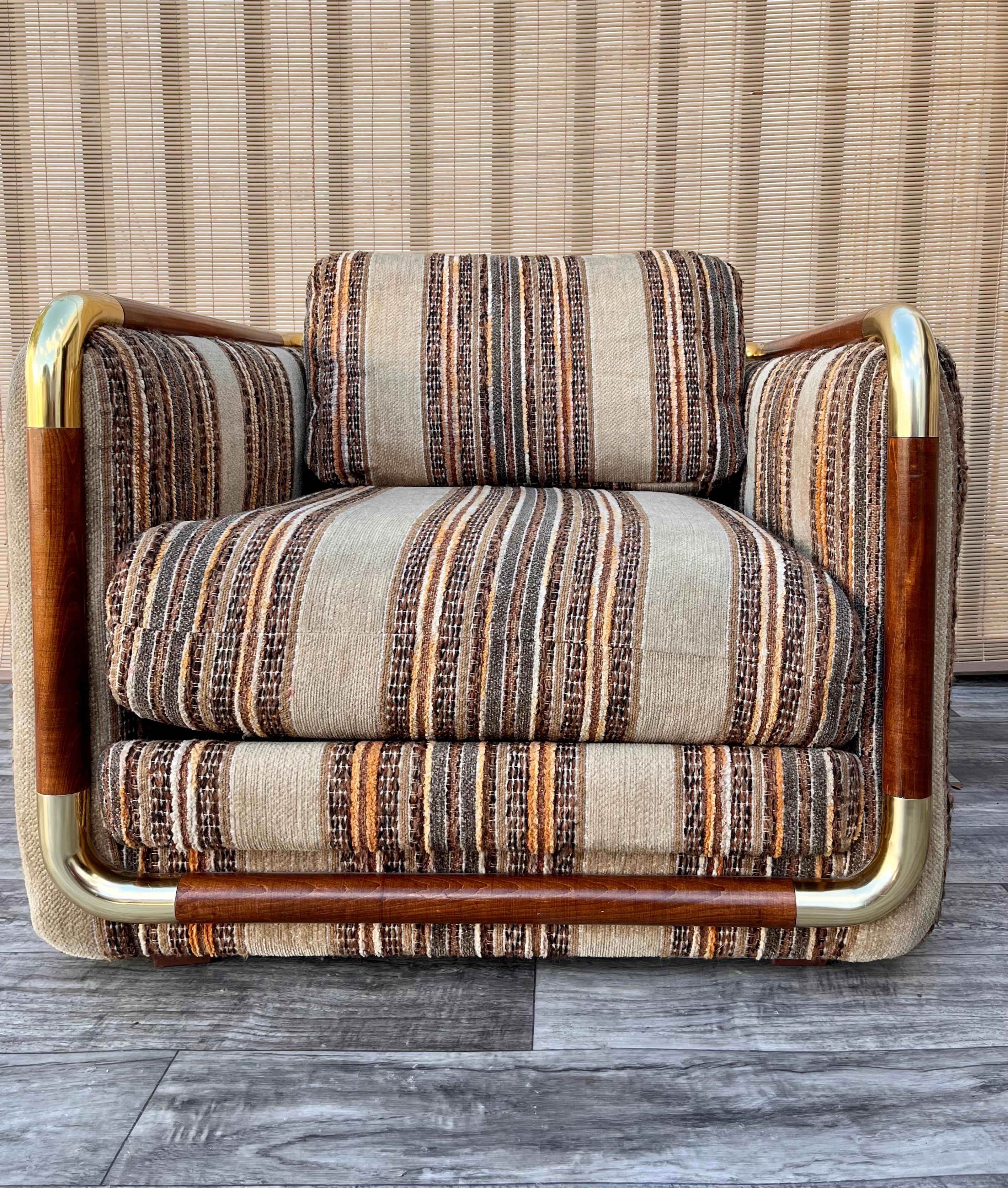 1980s Mid Century Modern Upholstered Cube Club Chair by Schweiger Industries. 1