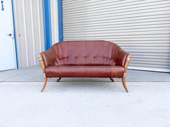 1980s Mid Century Palmwood & Leather Loveseat by Pacific Green