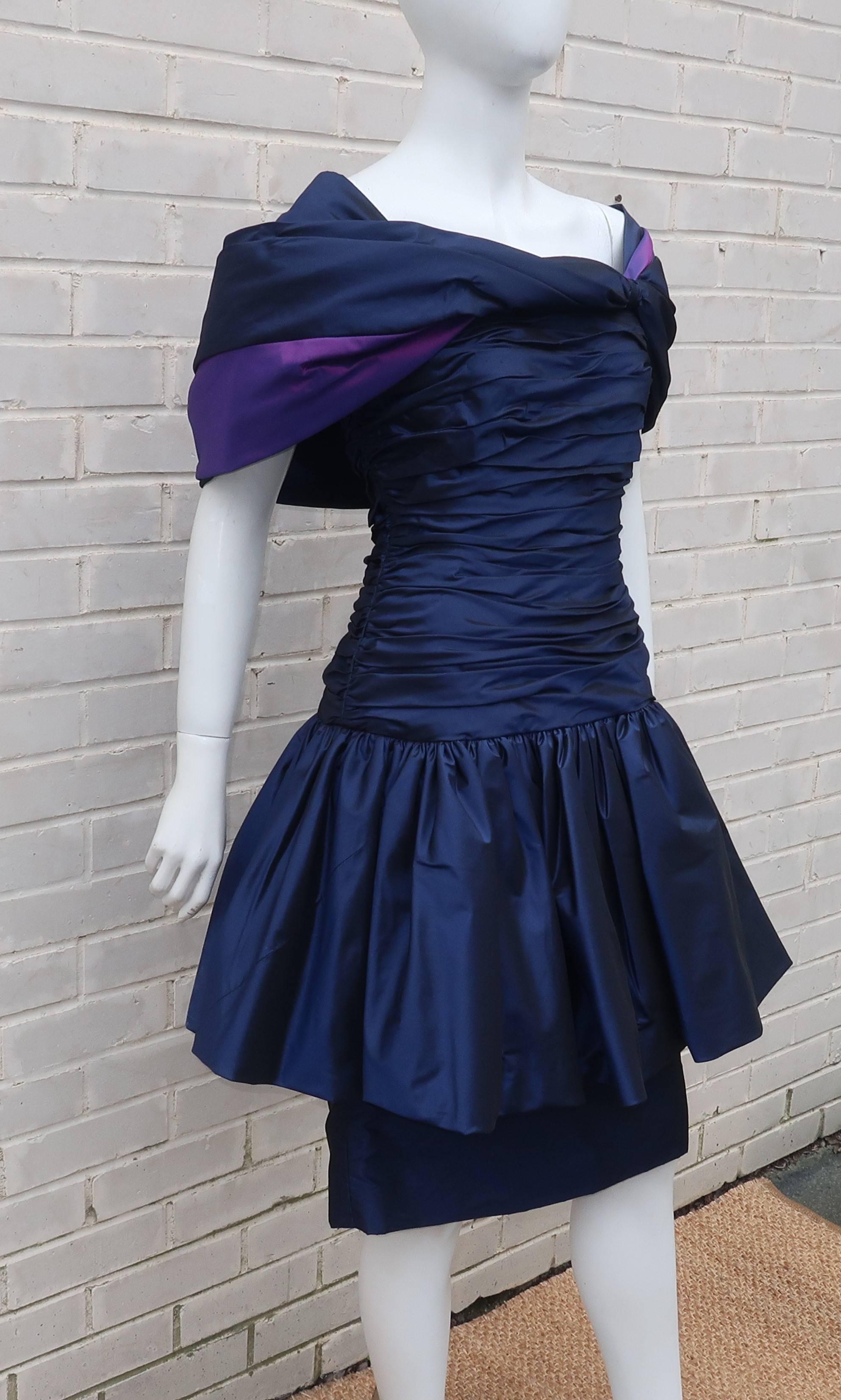 Mignon Blue Taffeta Dress With Dramatic Shoulder Drape, 1980s  In Excellent Condition In Atlanta, GA