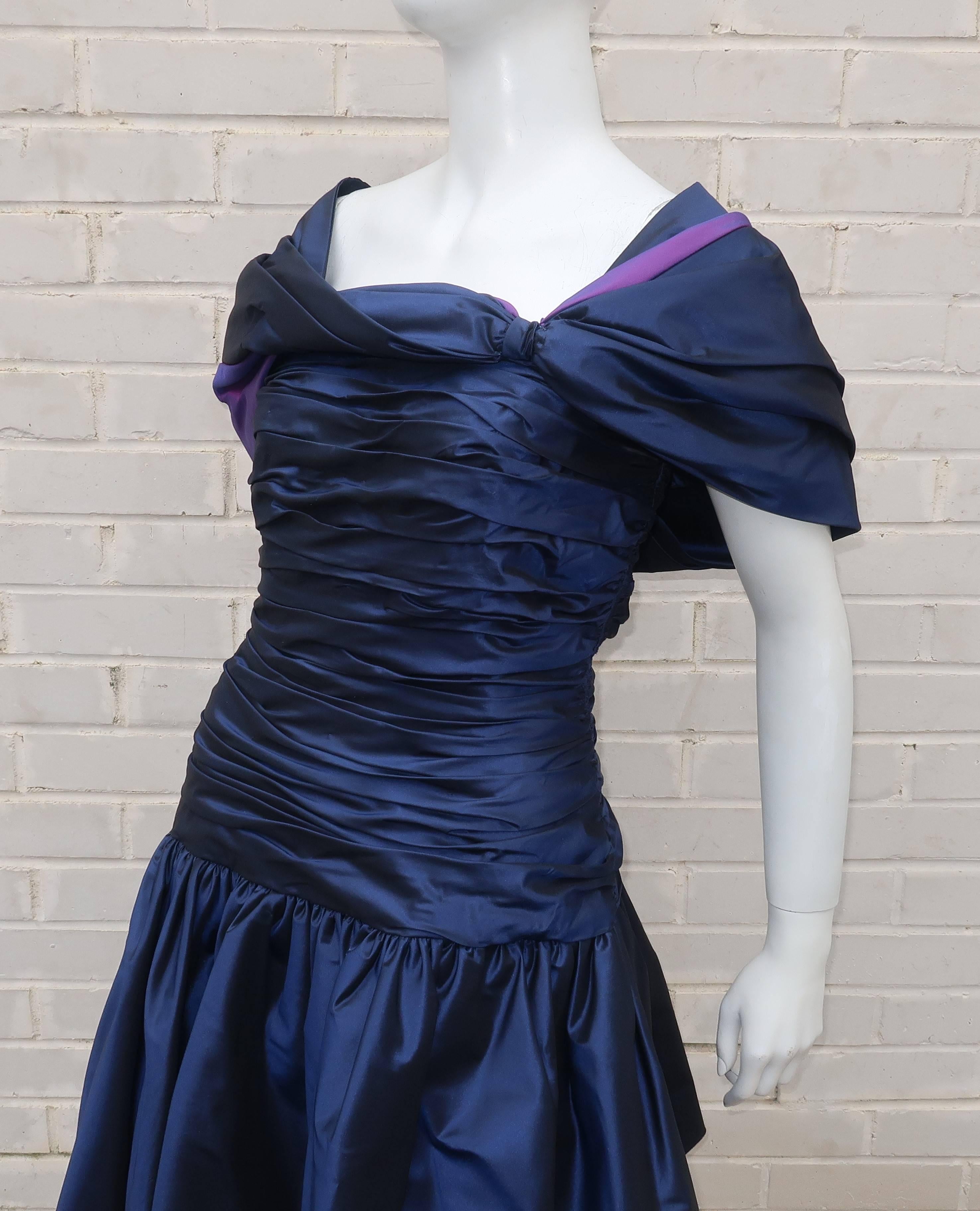 Women's Mignon Blue Taffeta Dress With Dramatic Shoulder Drape, 1980s 