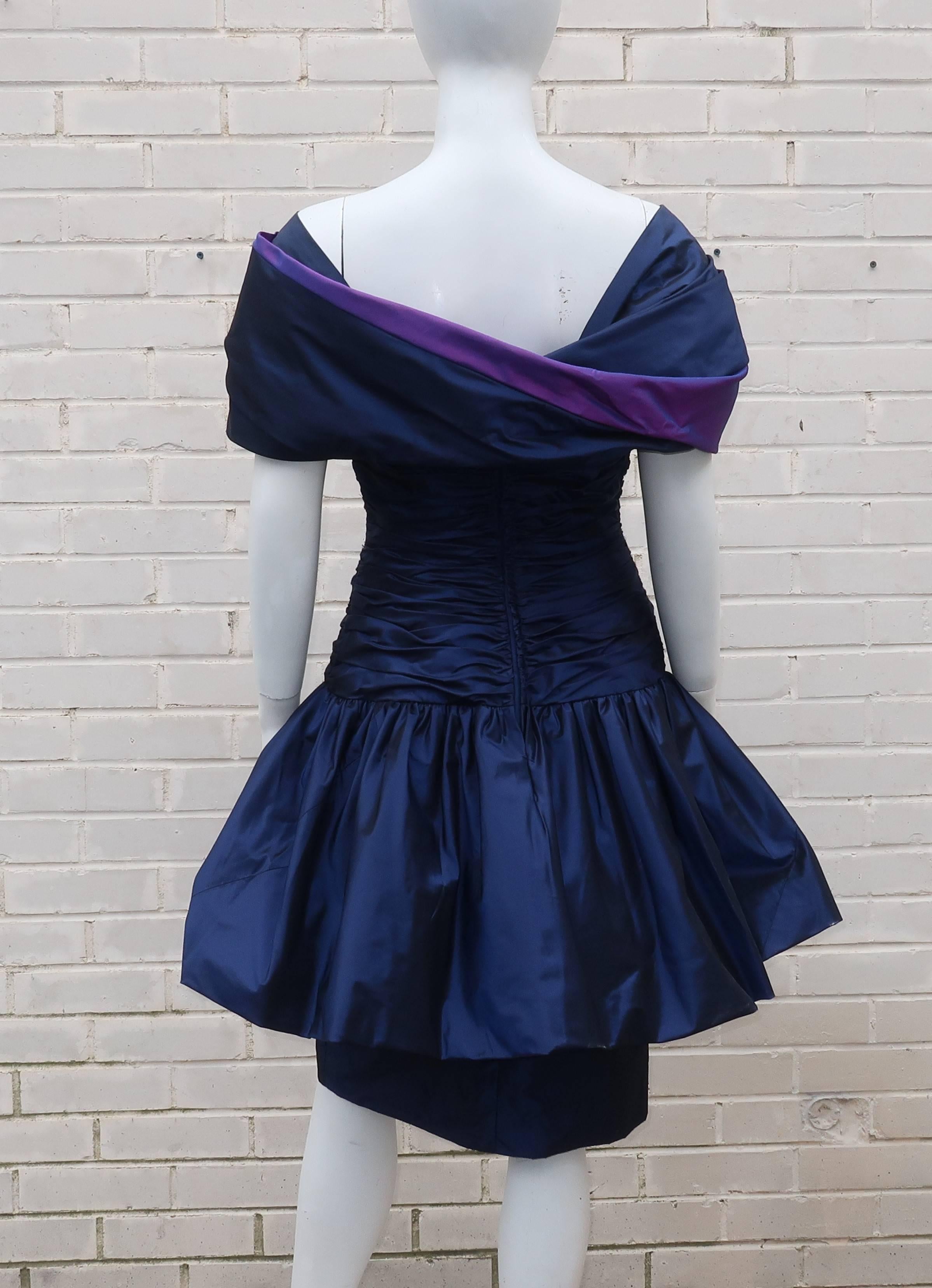 Mignon Blue Taffeta Dress With Dramatic Shoulder Drape, 1980s  1