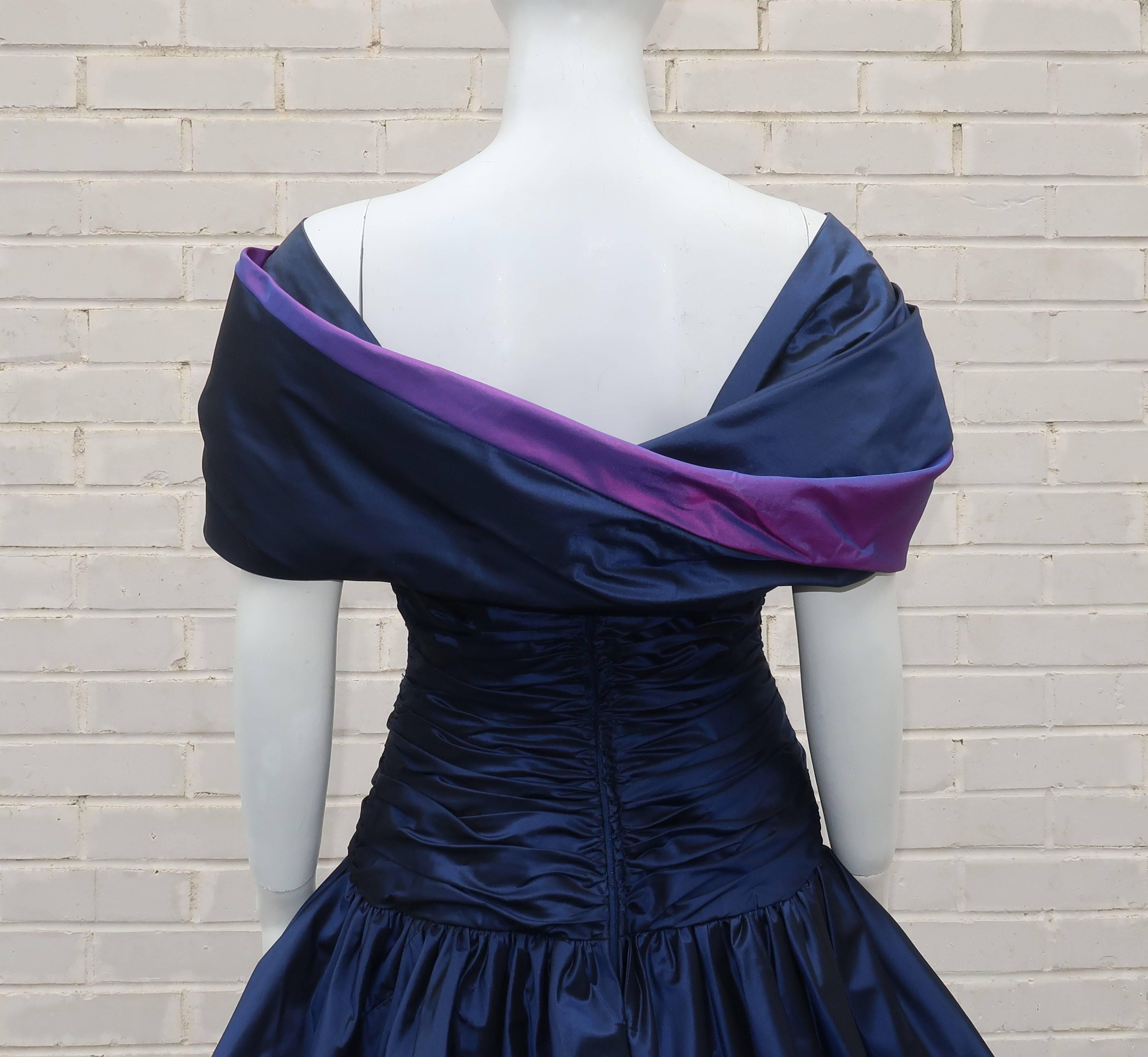 Mignon Blue Taffeta Dress With Dramatic Shoulder Drape, 1980s  2