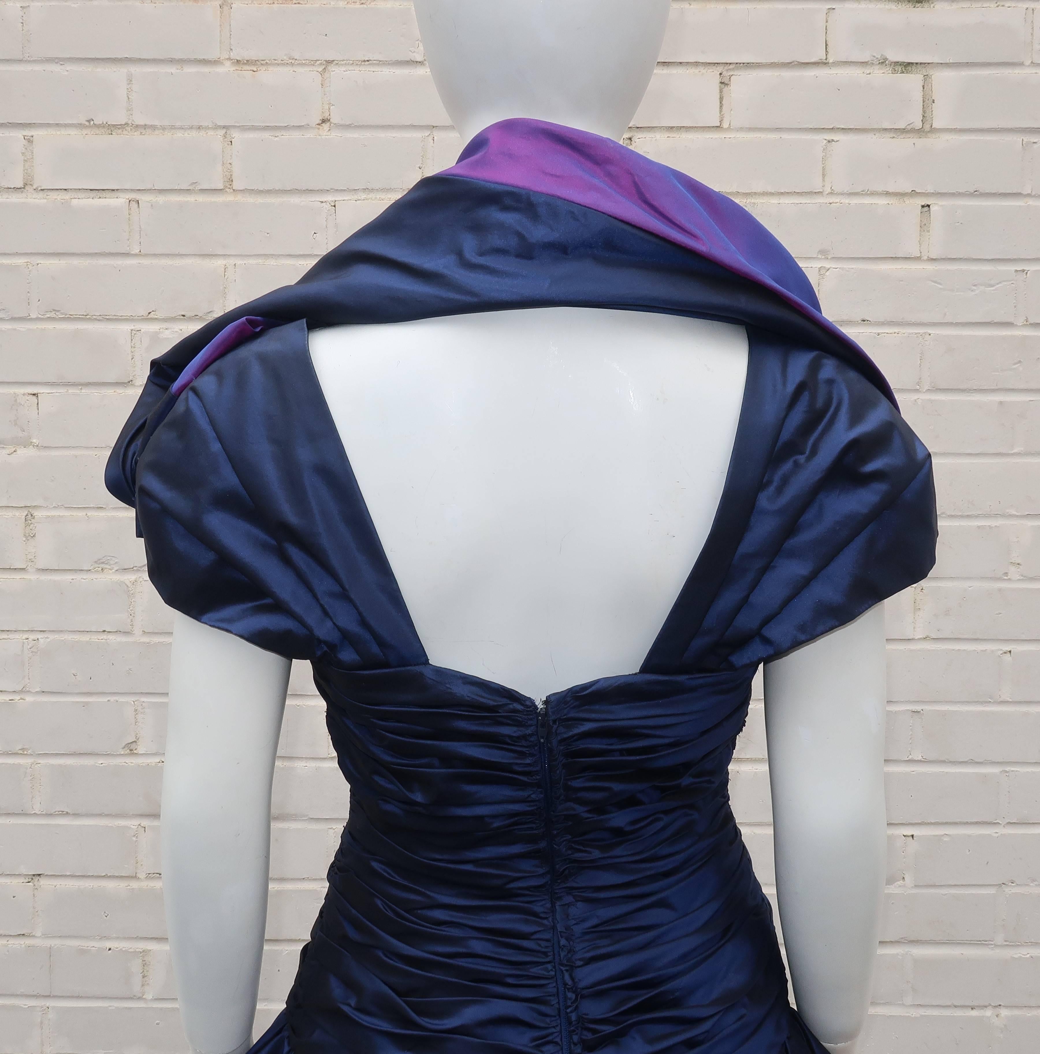 Mignon Blue Taffeta Dress With Dramatic Shoulder Drape, 1980s  3