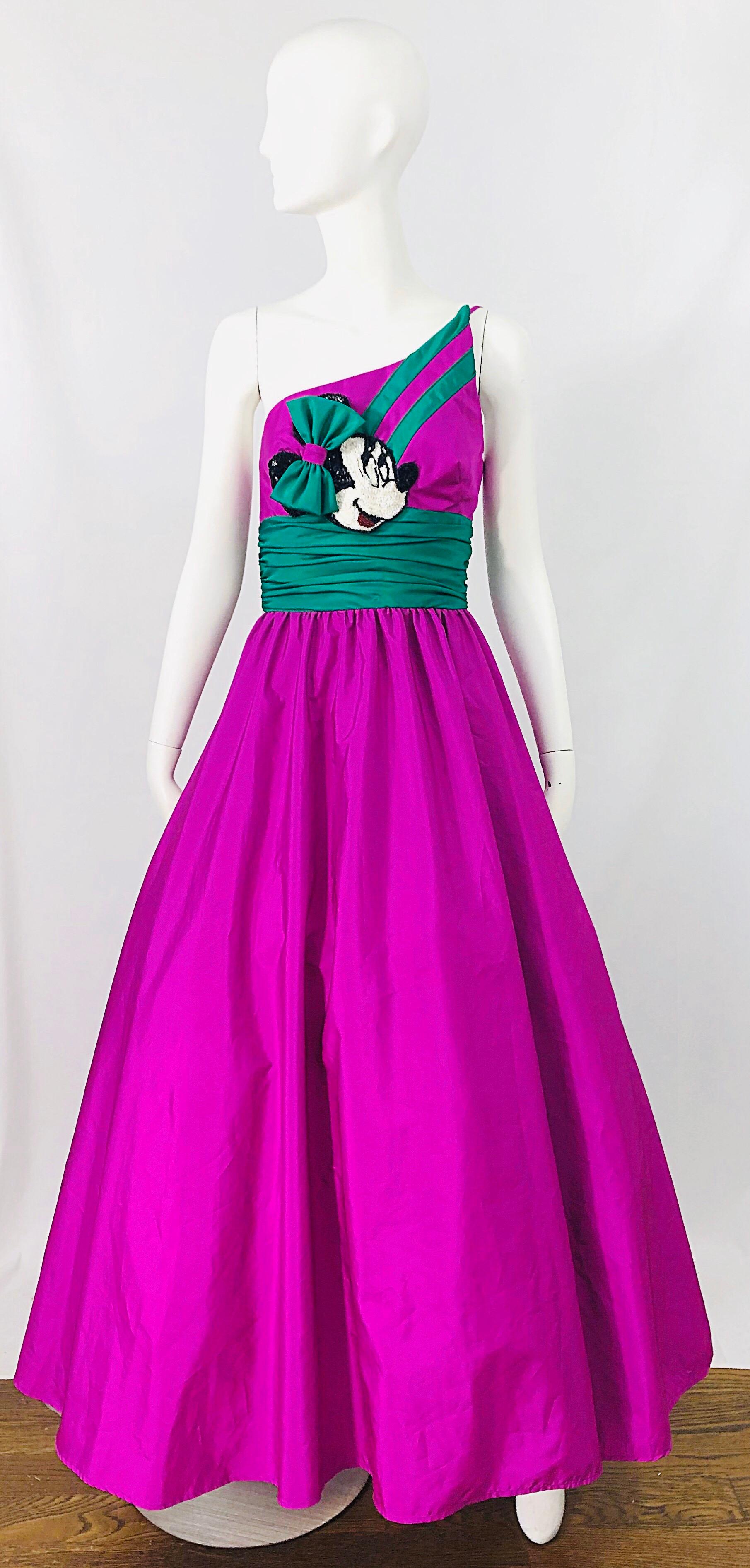 1980s Mike Benet X Disney Limited Edition Minnie Mouse One Shoulder Purple Gown For Sale 9