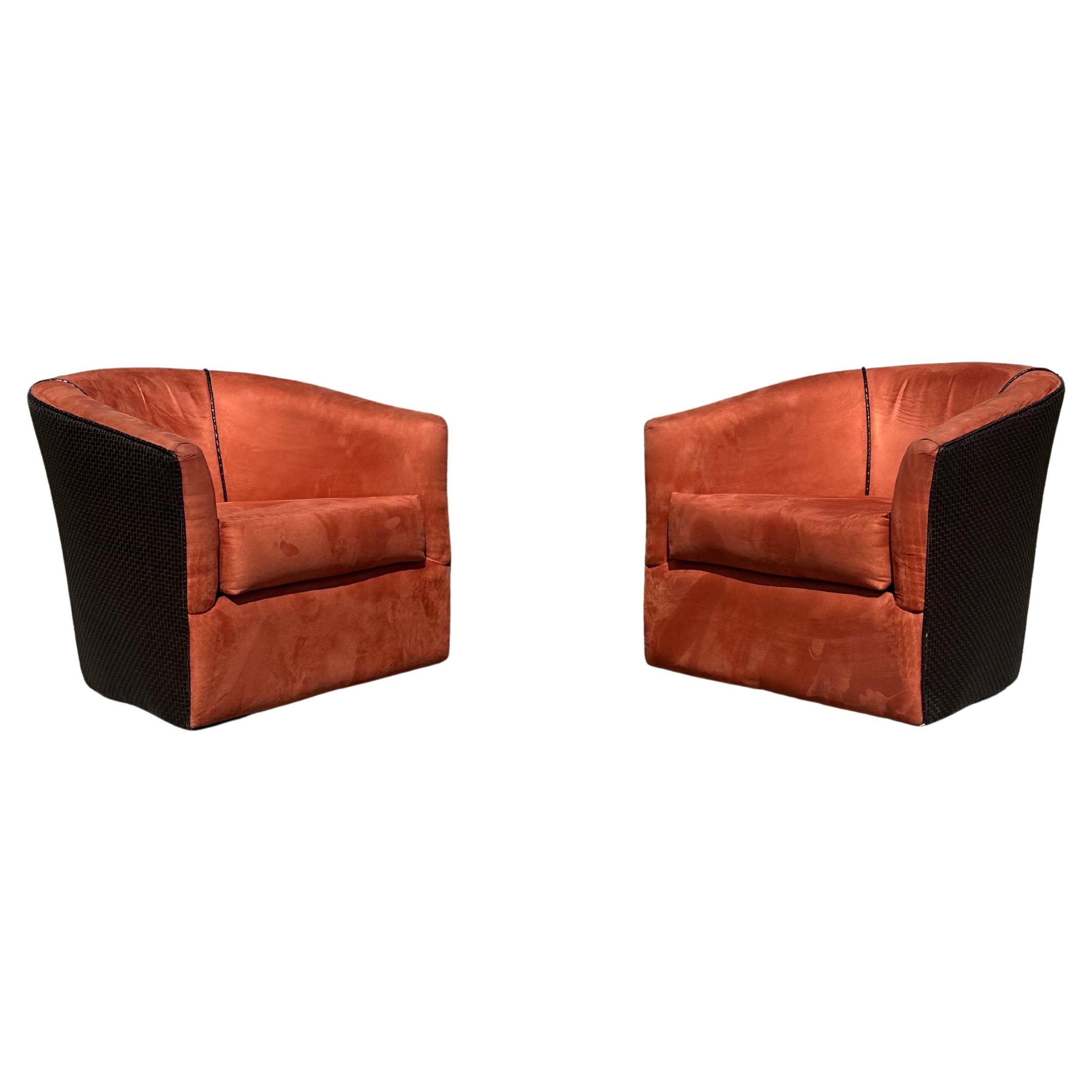 Sedie a botte intrecciate in finta pelle marrone arancione di Milo Baughman degli anni '80, Set di 2