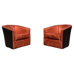 Chaises baril tressées en faux cuir orange et Brown, lot de 2, années 1980, Milo Baughman