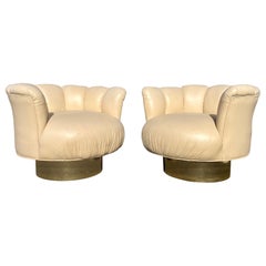 1980s Milo Baughman Style Channel Back Tan Leather Swivel Lounge Chairs, Pair