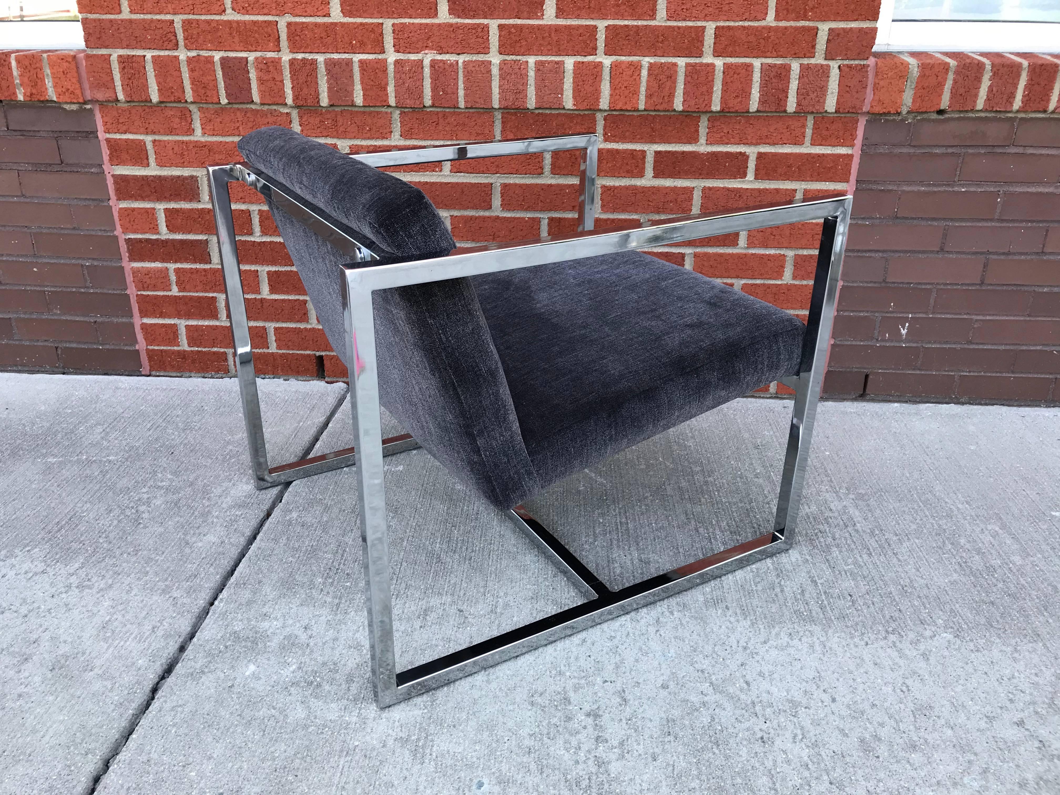 1980s Milo Baughman Style Chrome Cube Chairs in Gray Scalamandre Velvet, Pair 4