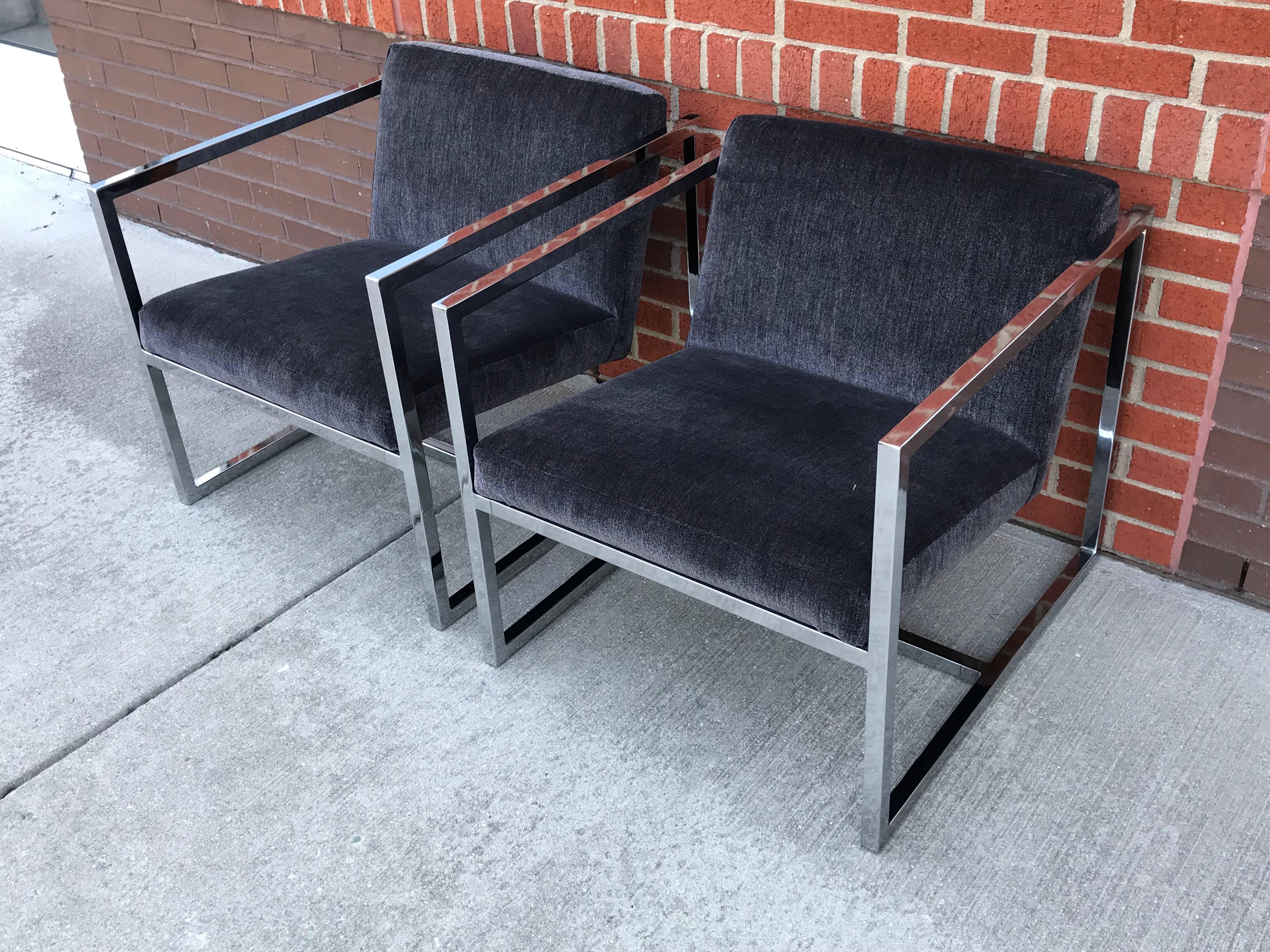 Modern 1980s Milo Baughman Style Chrome Cube Chairs in Gray Scalamandre Velvet, Pair