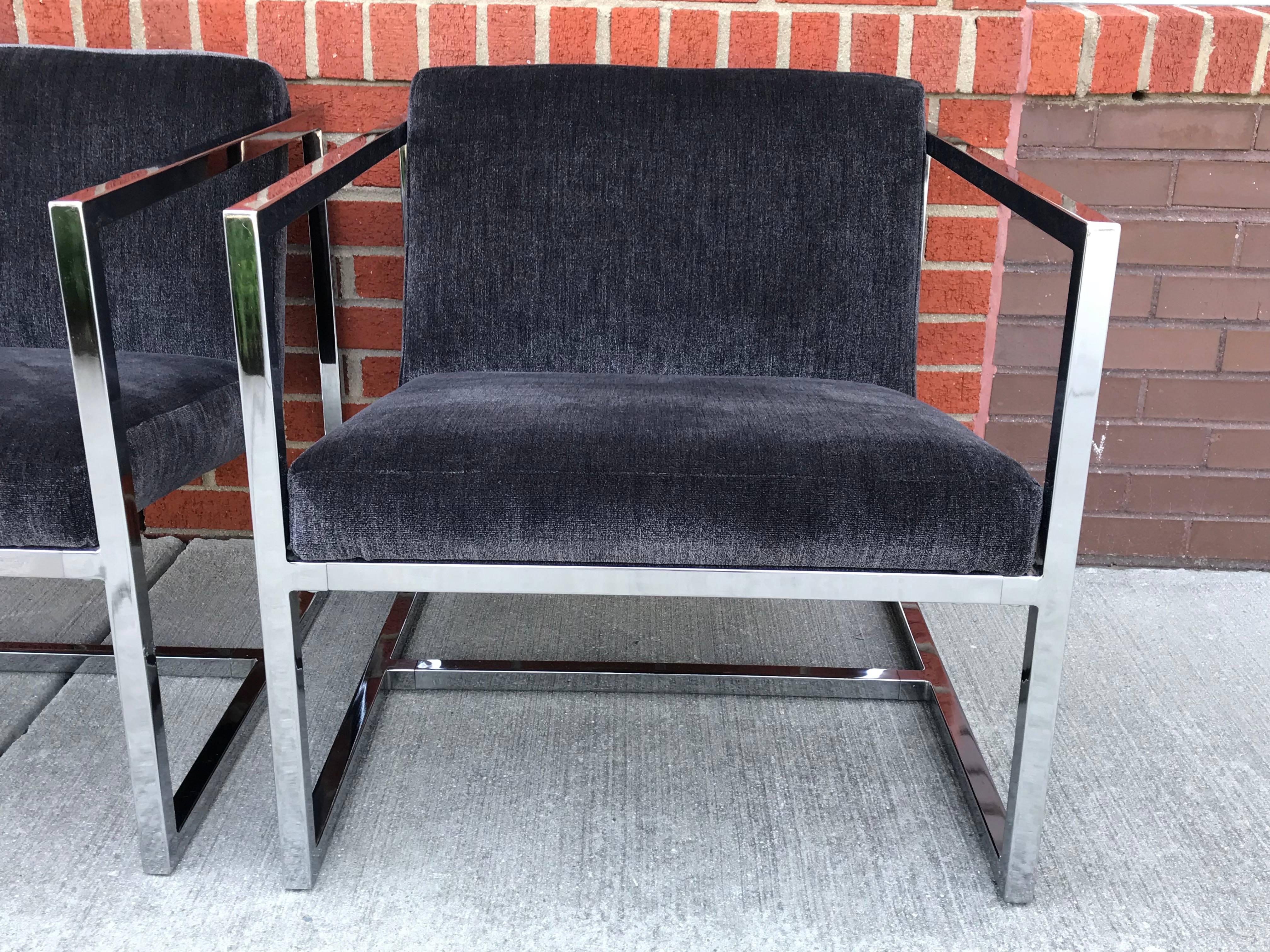 1980s Milo Baughman Style Chrome Cube Chairs in Gray Scalamandre Velvet, Pair In Excellent Condition In Richmond, VA
