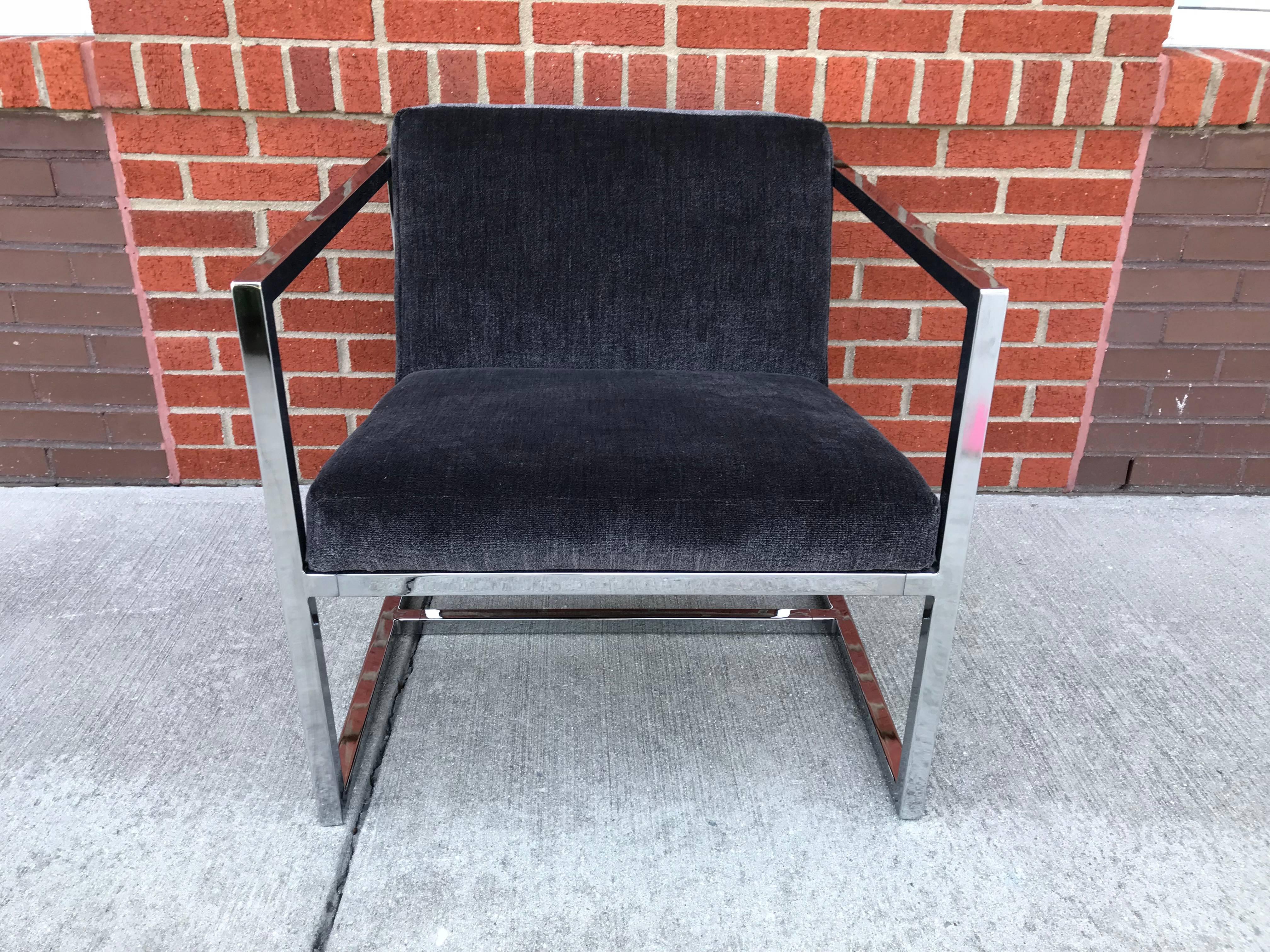 20th Century 1980s Milo Baughman Style Chrome Cube Chairs in Gray Scalamandre Velvet, Pair