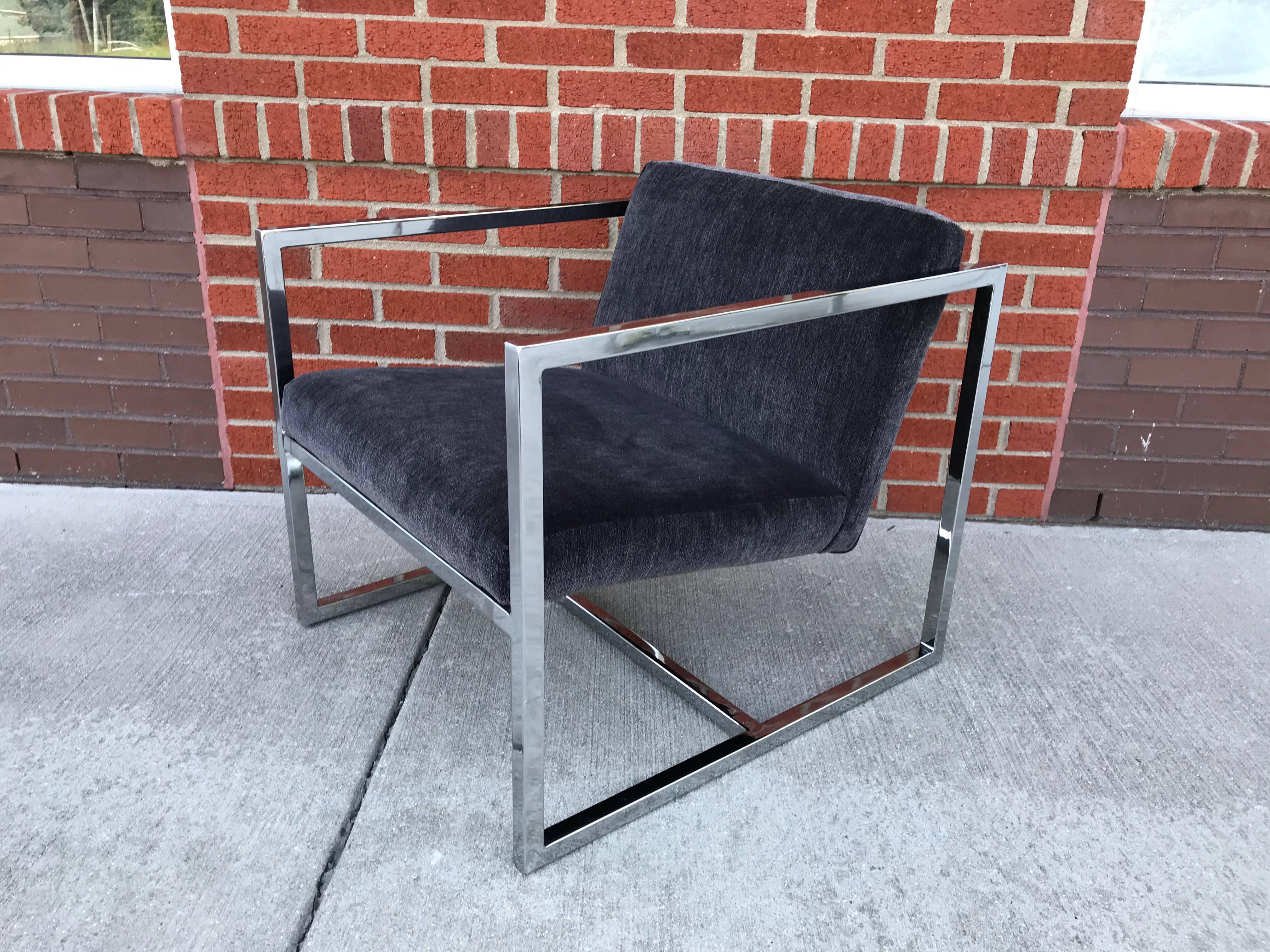1980s Milo Baughman Style Chrome Cube Chairs in Gray Scalamandre Velvet, Pair 1