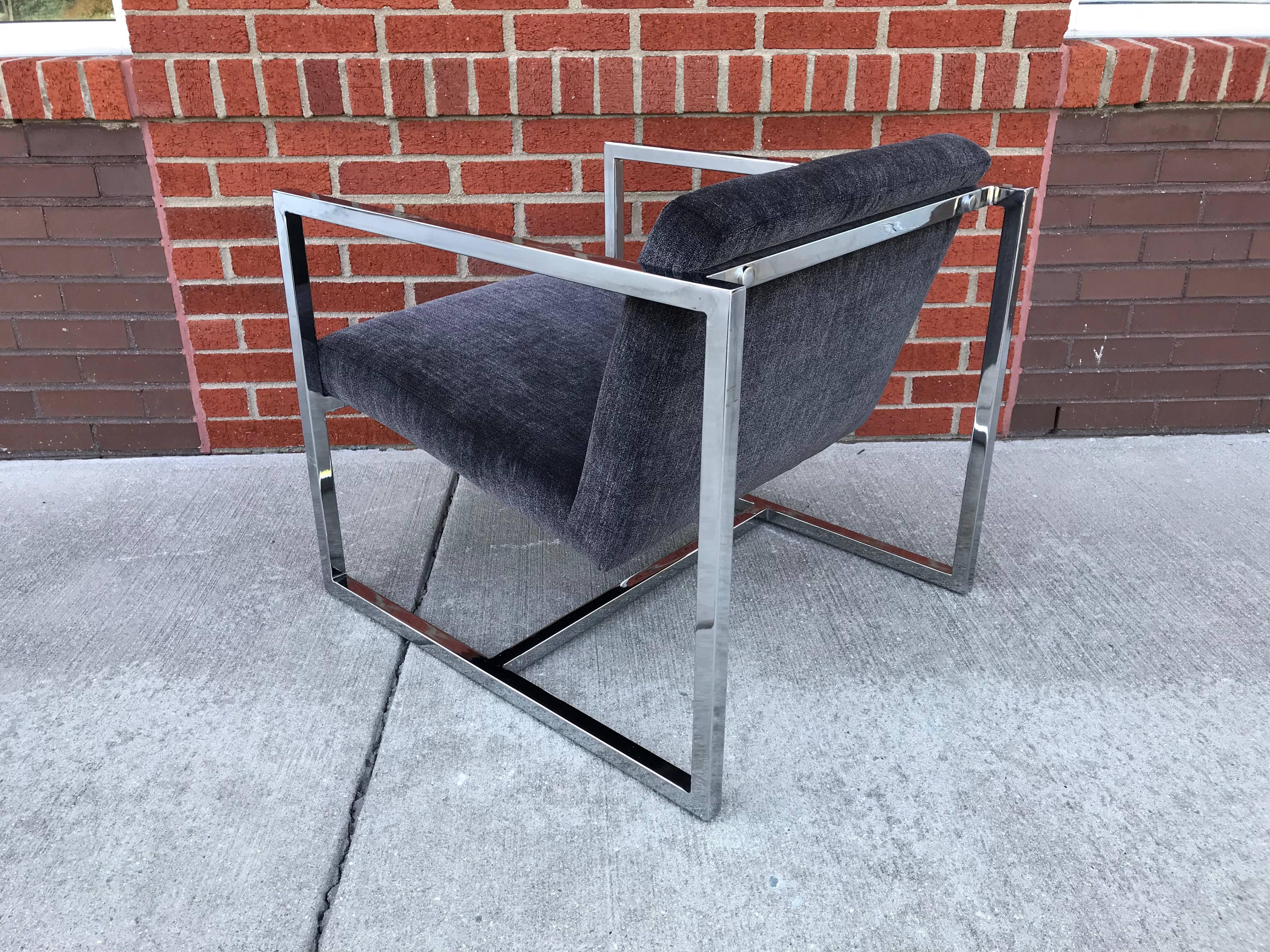 1980s Milo Baughman Style Chrome Cube Chairs in Gray Scalamandre Velvet, Pair 2