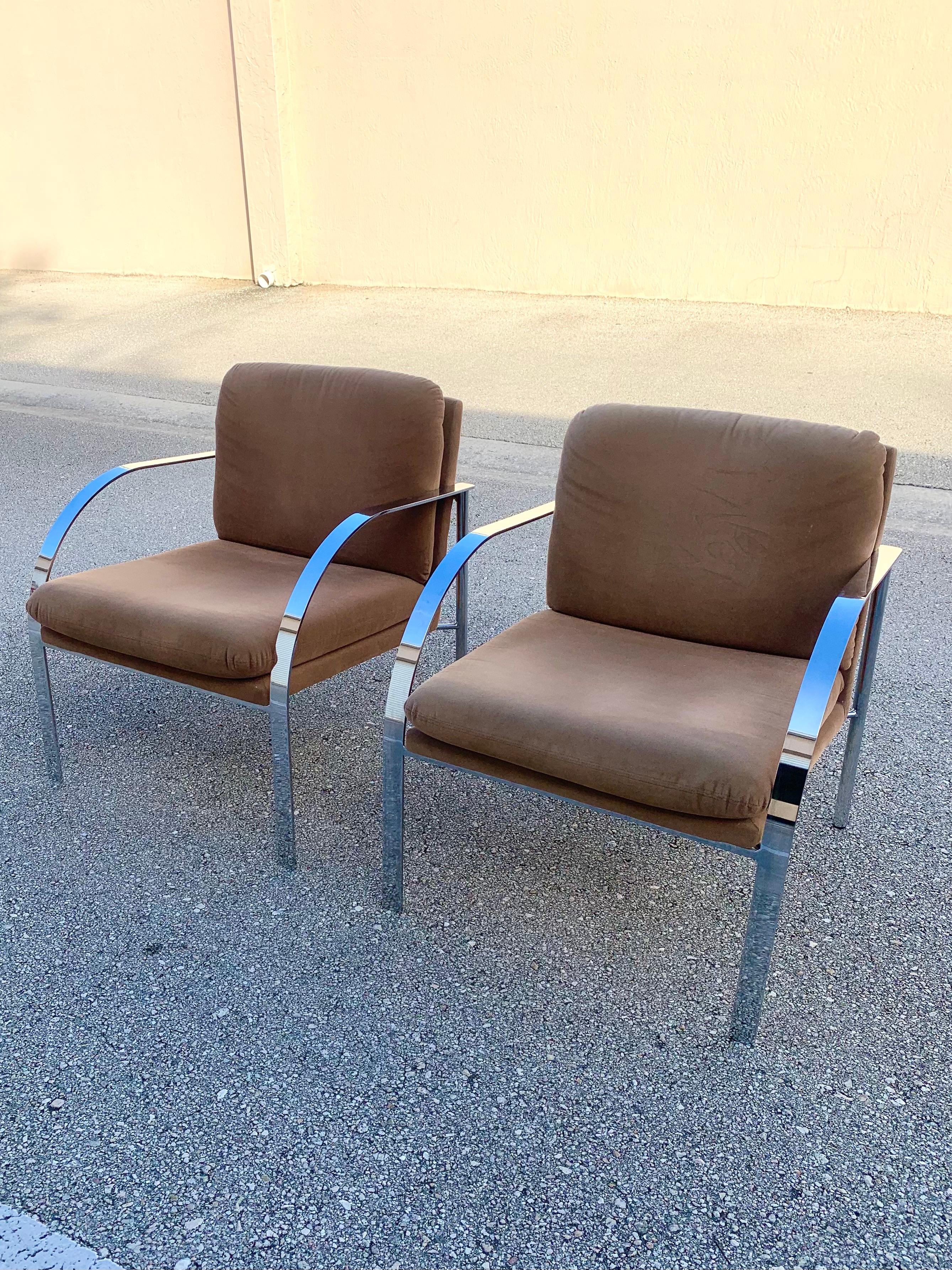 1980s Milo Baughman Style Mid-Century Modern Flat Bar Chrome Lounge Chairs For Sale 4