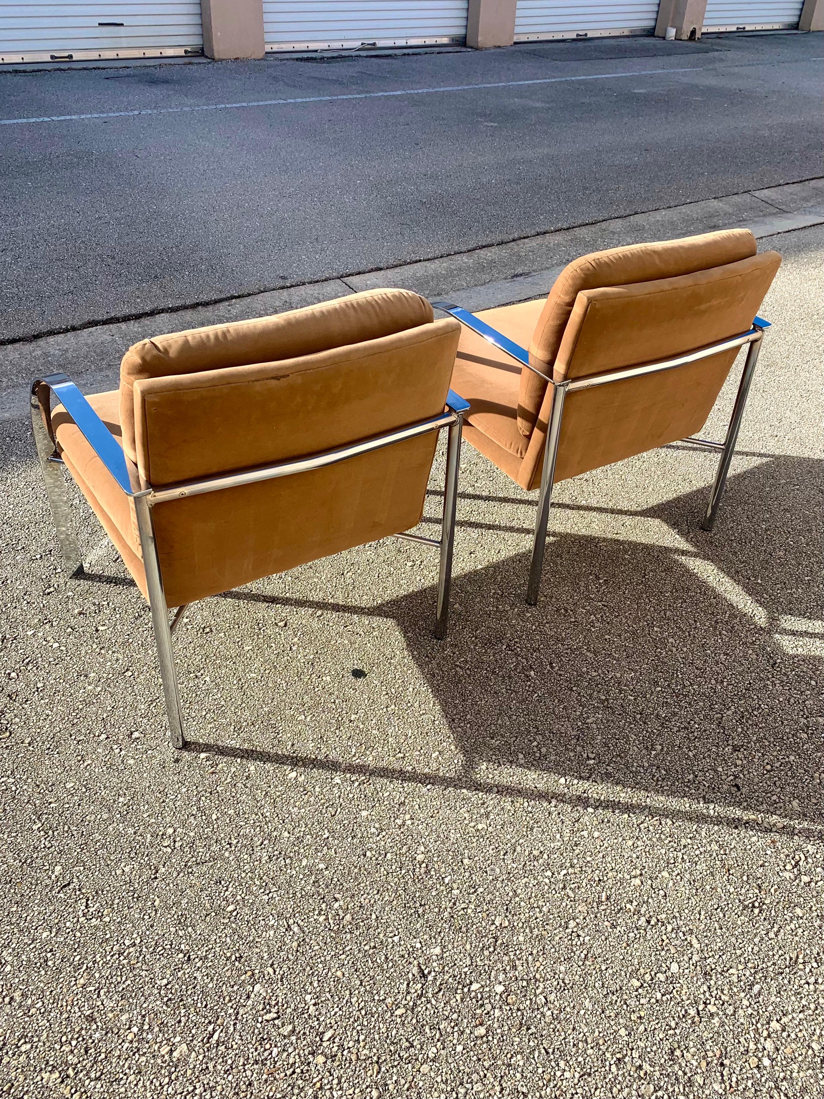 20th Century 1980s Milo Baughman Style Mid-Century Modern Flat Bar Chrome Lounge Chairs For Sale