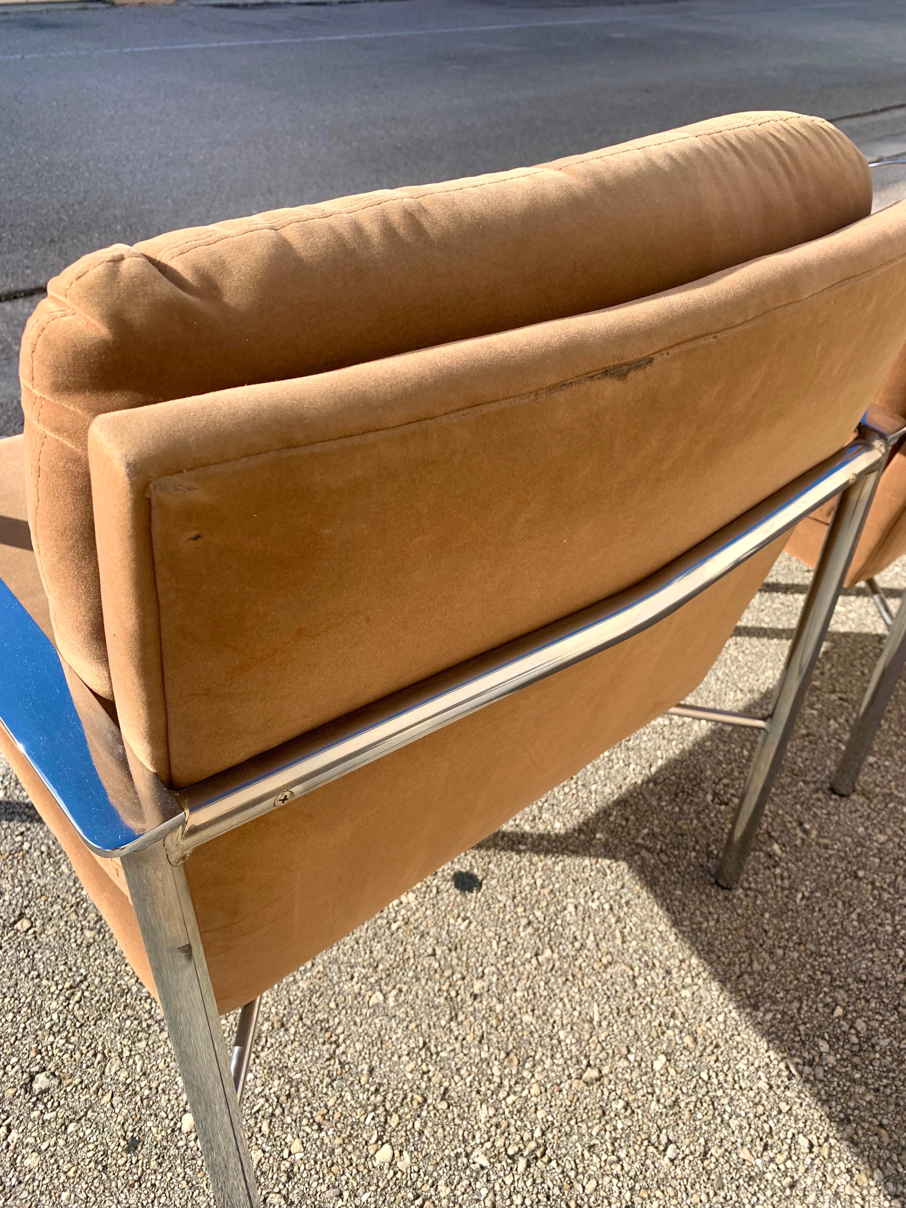 Upholstery 1980s Milo Baughman Style Mid-Century Modern Flat Bar Chrome Lounge Chairs For Sale