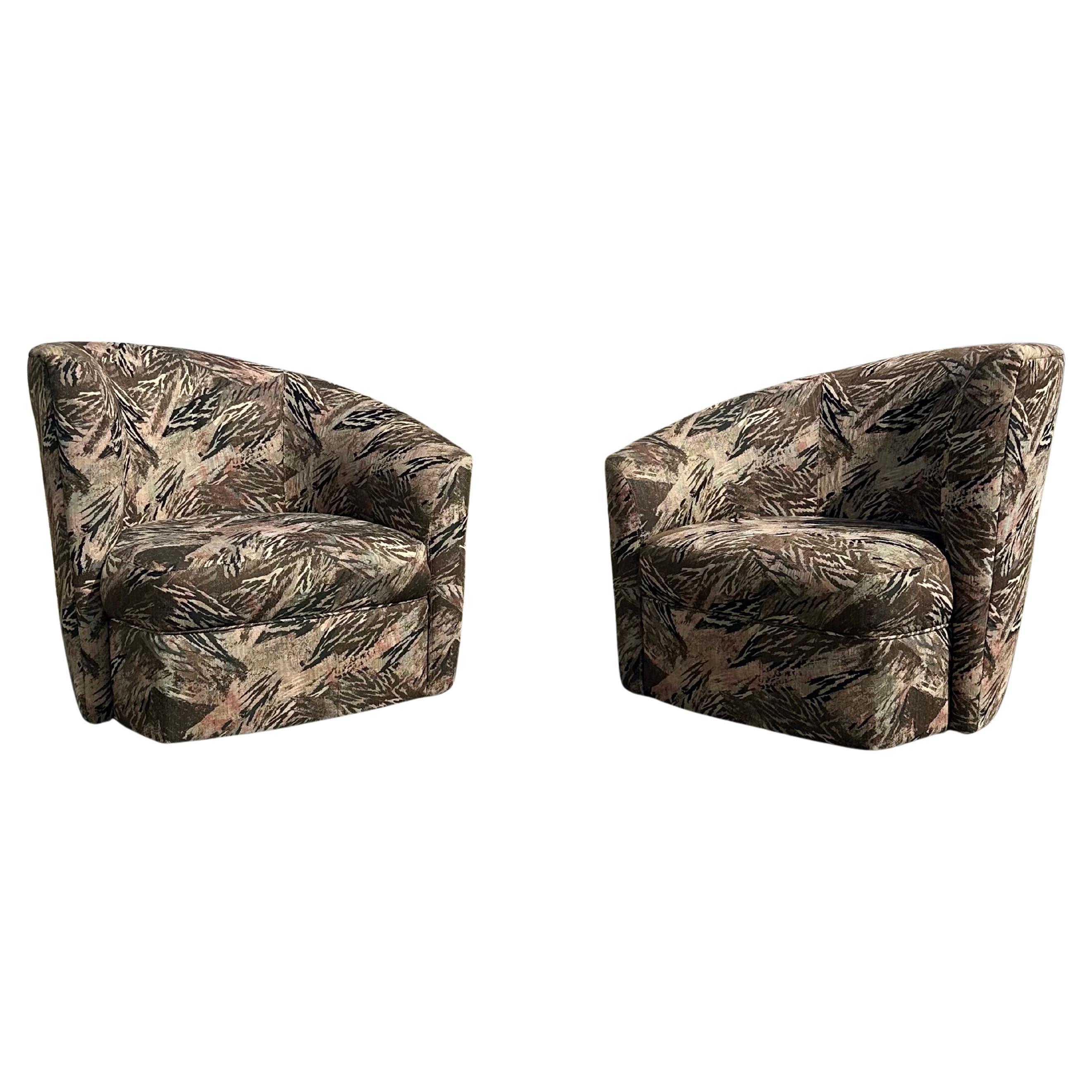 1980s Milo Baughman Style Sculptural Zebra Colorful Swivel Chairs, Set of 2