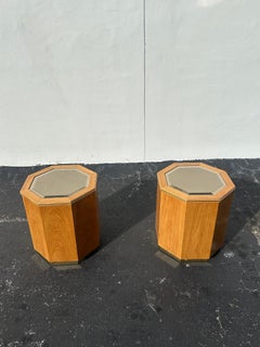 1980s Milo Buaghman Hexagonal Mirrored Pedestal End Tables, Set of 2