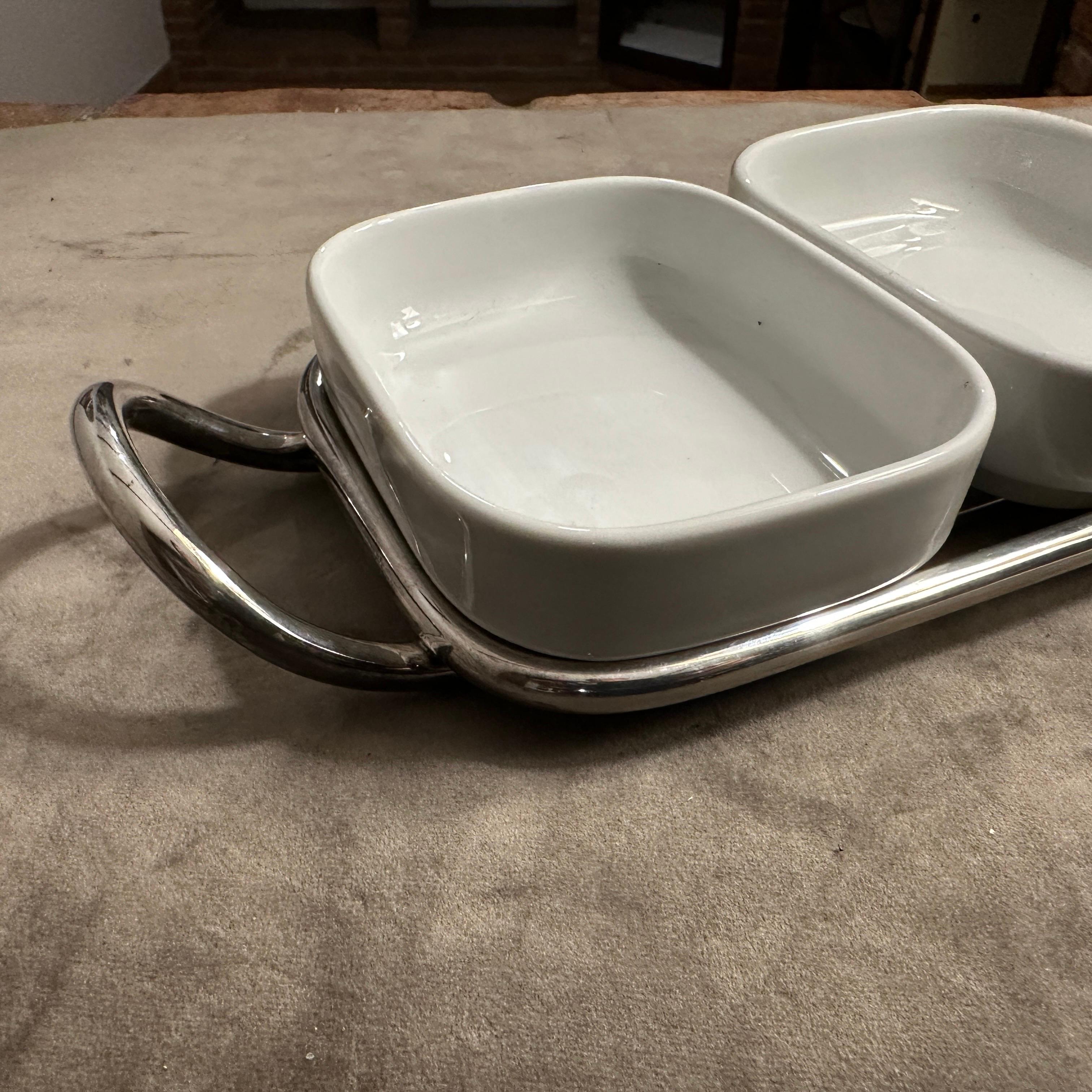 Bandeja pequeña para aperitivos de cerámica y baño de plata Lino Sabattini, minimalista, de los años 80 en venta 4