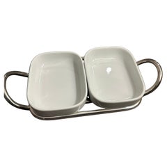 Bandeja pequeña para aperitivos de cerámica y baño de plata Lino Sabattini, minimalista, de los años 80